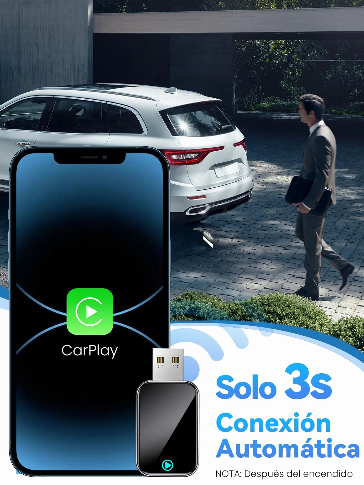Adaptador Carplay Inalámbrico S2 Mini para iPhone, USB A/C, iOS 10+, Coches 2016+ (Negro)