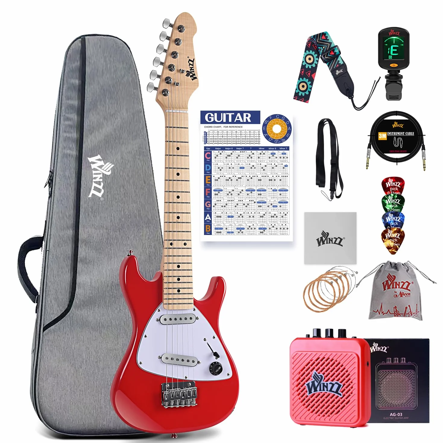 WINZZ - Kit de guitarra eléctrica para niños de 30 pulgadas, para principiantes, guitarra eléctrica mini de tamaño 1/4, conjunto completo de iniciación con amplificador, color rojo brillante