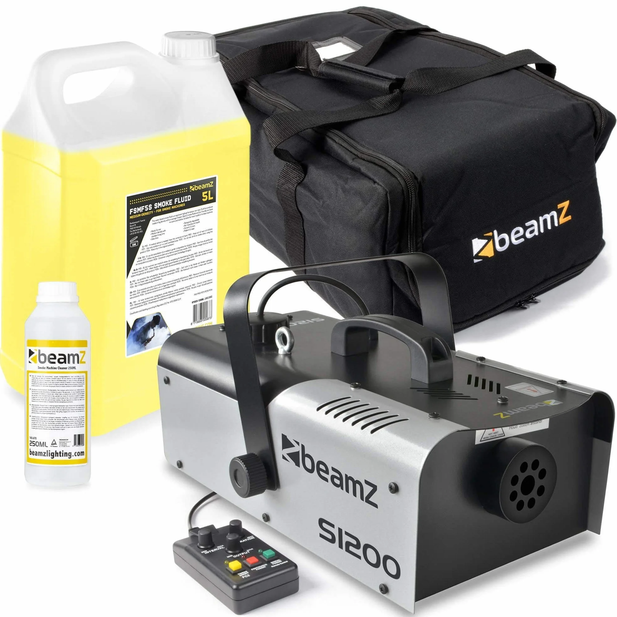 BeamZ S1200 MKII - Máquina de niebla 1200W con bolsa, máquina de humo para fiestas con líquido, intervalo, temporizador, DMX, depósito de 2,5 litros, niebla para fiestas disco para DJs, fiestas