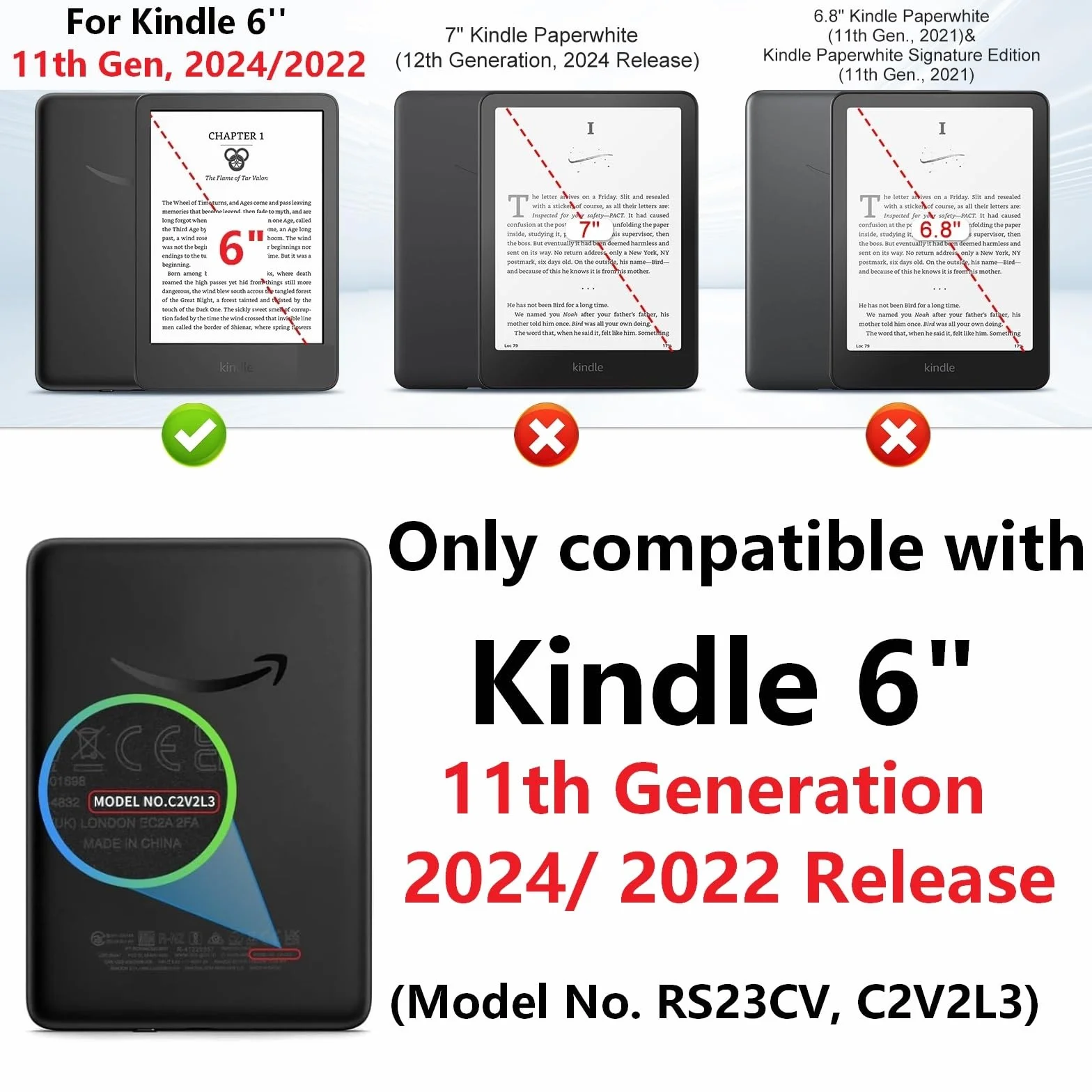 Funda para 6 Pulgadas e-Reader 2024/2022 Ebook Reader 6", Carcasa Funda Ligera con Correa de Mano, Auto Sueño/Estela, Premium PU Funda de Cuero für 6" eReader, Negro