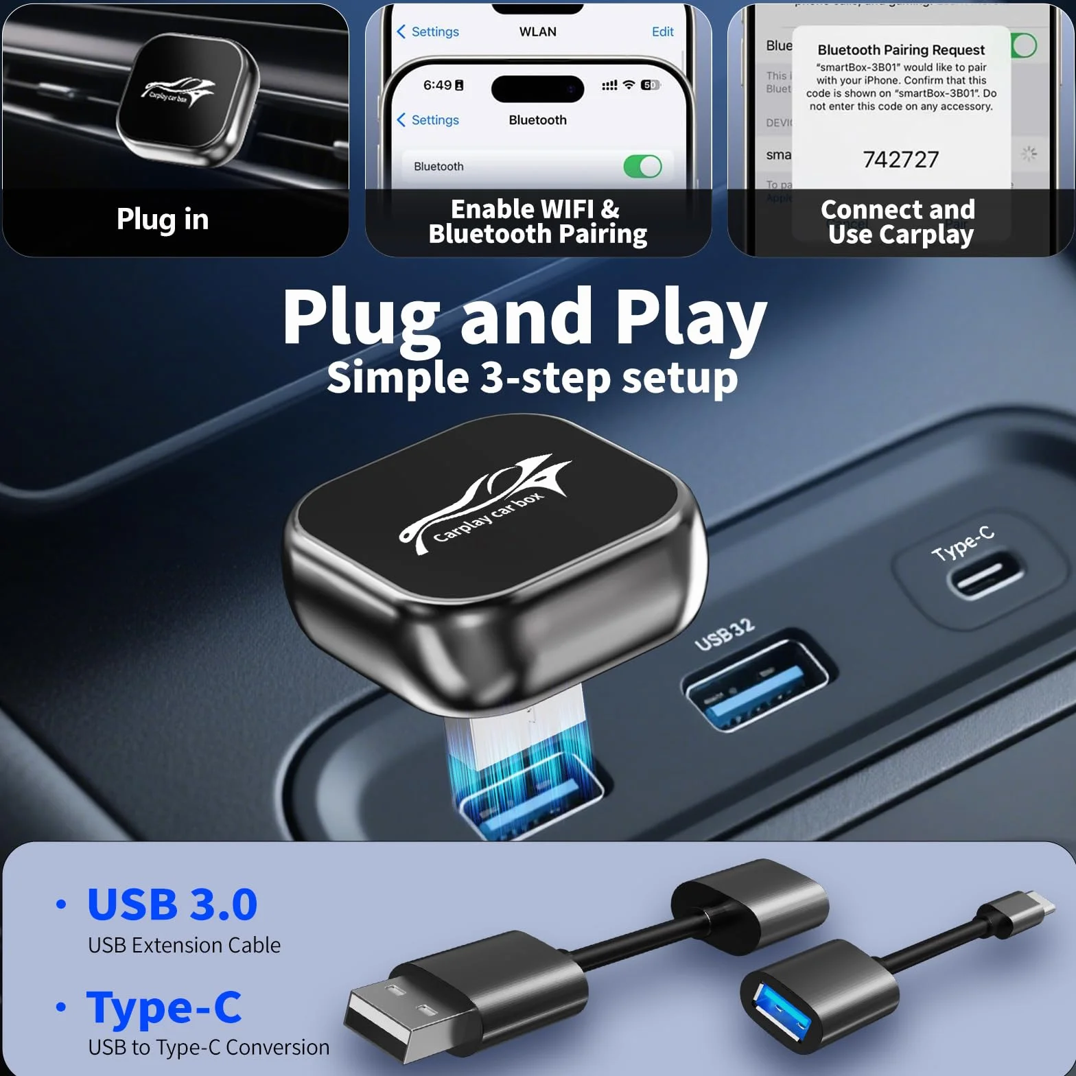 Adaptador Inalámbrico CarPlay para Coche Android, Mini Plug and Play, Compatible con iPhone iOS 10+ y Android 11+