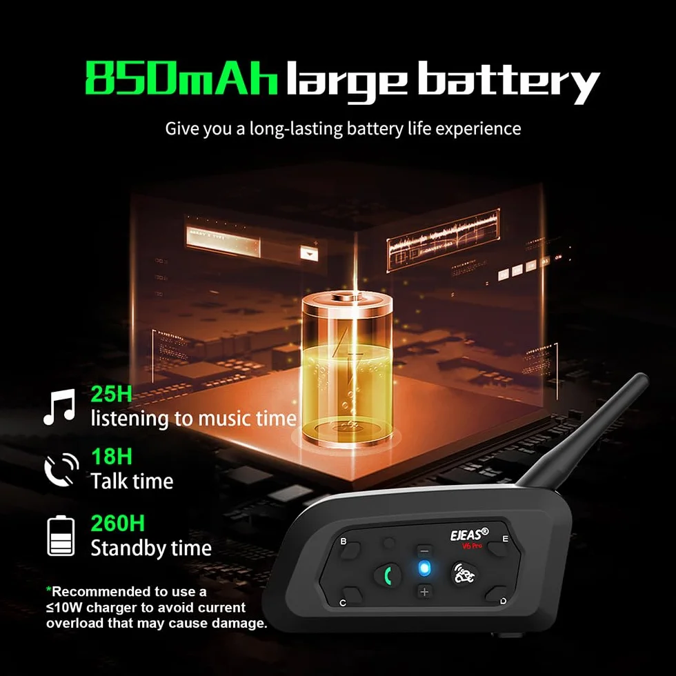 EJEAS V6 Pro+ BT Interphone 1200M Bluetooth Casco Intercom Auriculares con Control Avanzado de Ruido para 6 Riders (2 Pieza)
