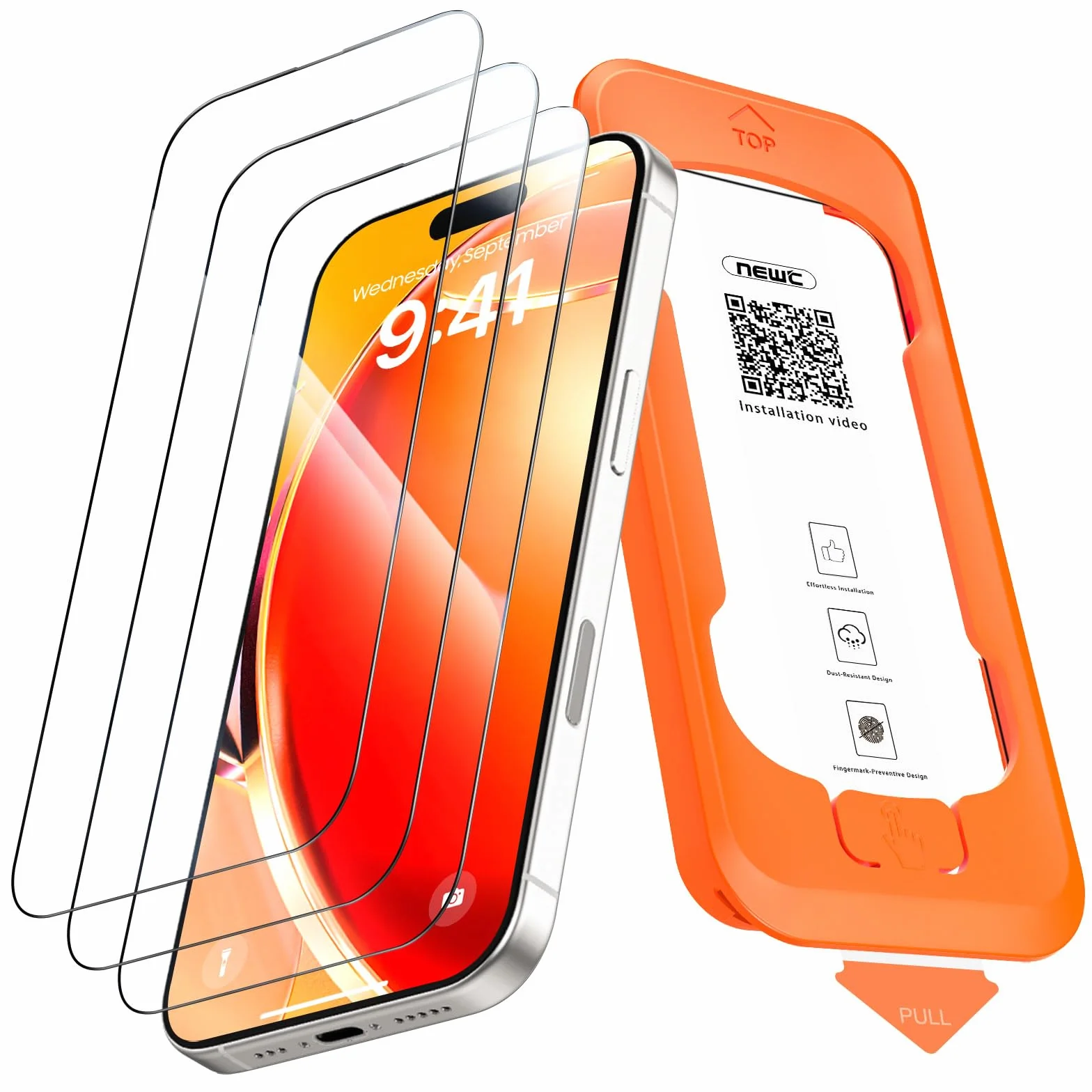 NEW'C 3 Piezas, Protector de pantalla Cobertura total para iPhone 17, 17 Pro, iPhone 16 Pro (6,3″) [Instalación Automática], Cristal Vidrio Templado - Ultra Resistente - Efectivo contra Rayones