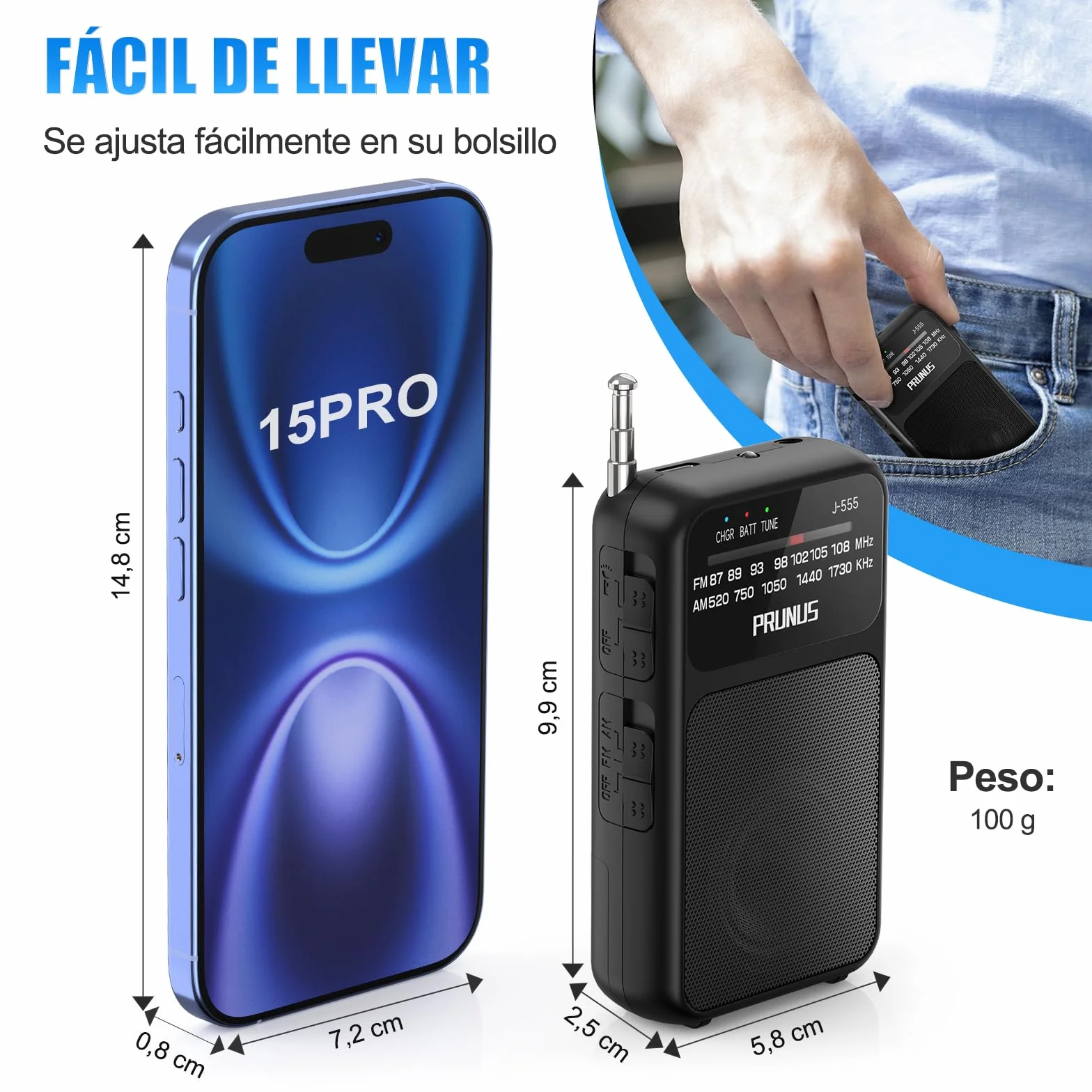 PRUNUS J-555 Am/FM Radio Portatil Pequeña Recargable, Radios Pequeña Pilas, con Toma de Auriculares, Carga USB-C, Transistor Radio de Bolsillo con Clip y cordón para Correr, Acampar. (Negro)
