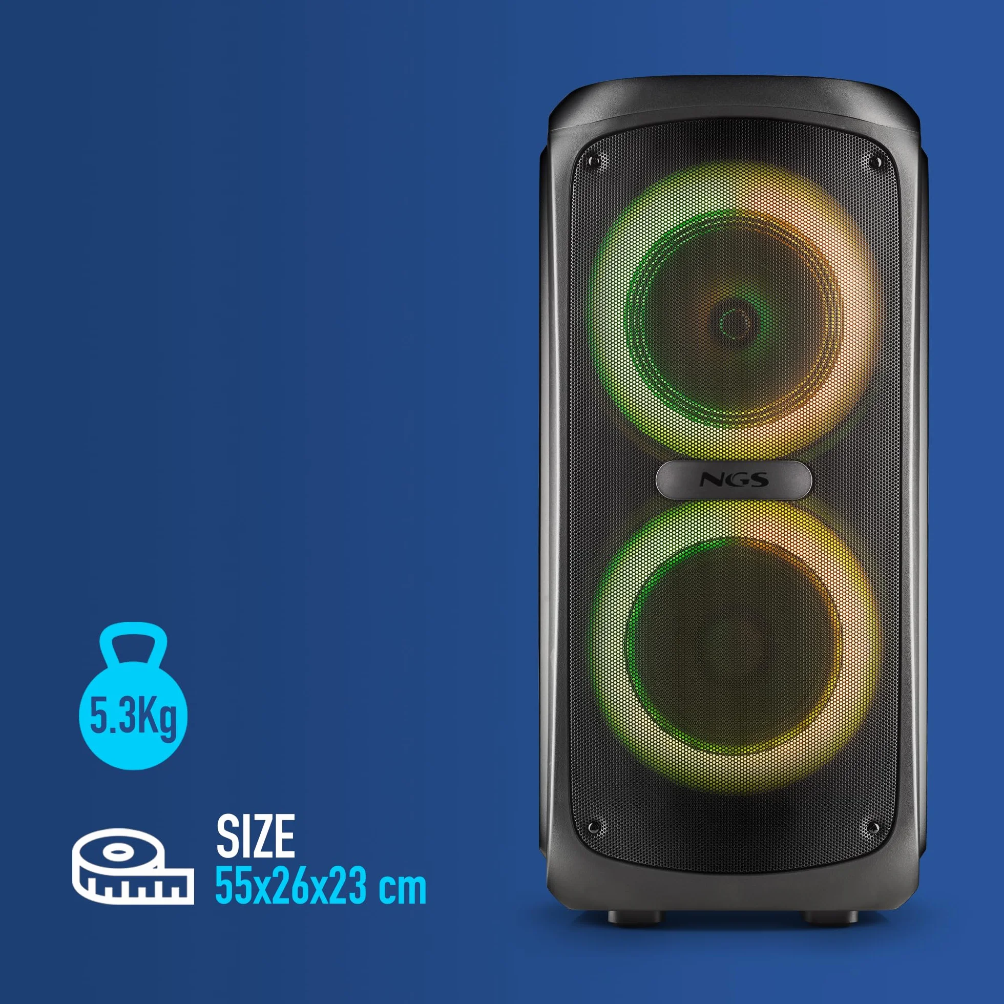 NGS Wild Temper – Altavoz Portátil Bluetooth 5.3 para Fiestas, 200 W, TWS, Luces LED RGB, Doble Entrada Micrófono Karaoke, USB/AUX, Batería 4400 mAh