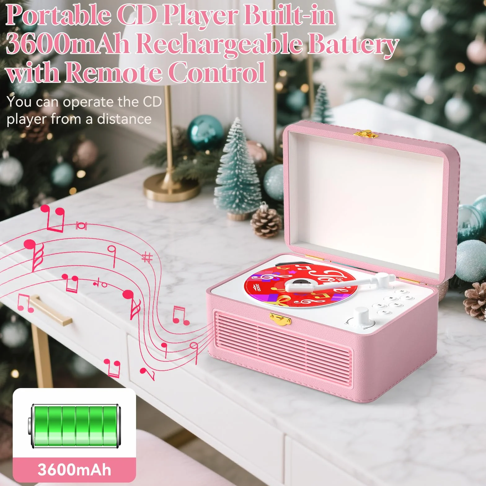 Gueray Reproductor CD Portátil Bluetooth 3600mAh Recargable con Altavoces, Diseño Maletín Retro, USB AUX, Rosa