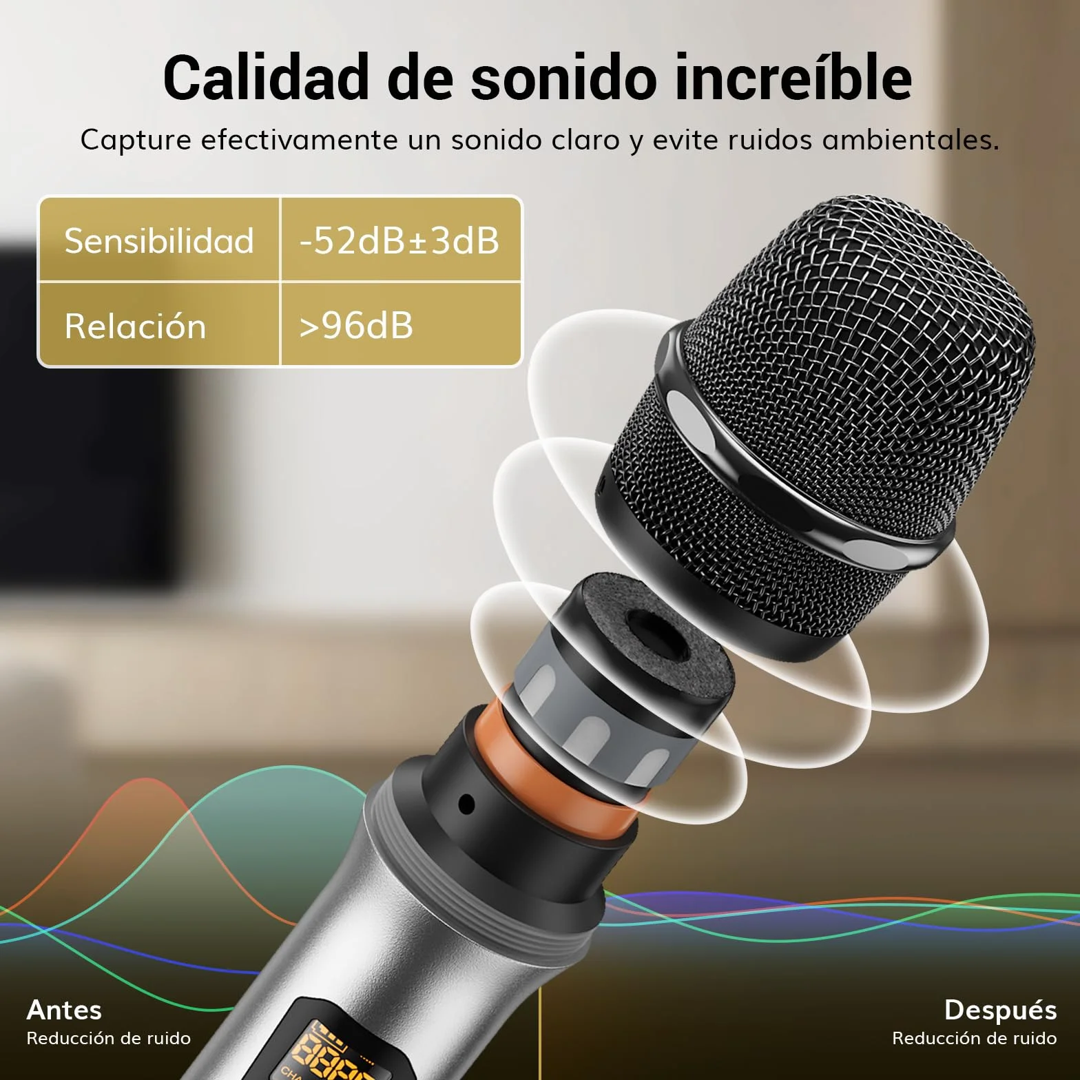 TONOR Micrófono Inalámbrico Dual Sistema de Micrófono Inalámbrico de Mano Profesional UHF, Set KTV Hogar para Karaoke, DJ, Fiesta, 60 Metros, TW820, Plata