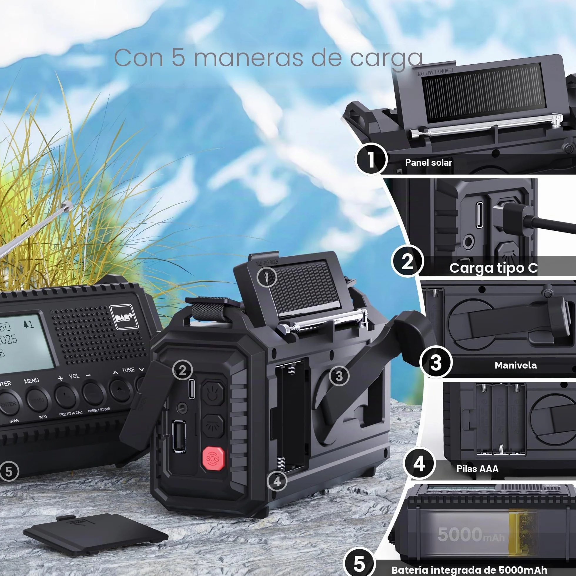 Radio Solar Portátil Dab+/Dab/FM con Manivela,Radio con Linterna LED Multifunción con Reloj Despertador Digital,Batería de 5000 mAh y Alarma SOS,Camping,Senderismo,Exterior