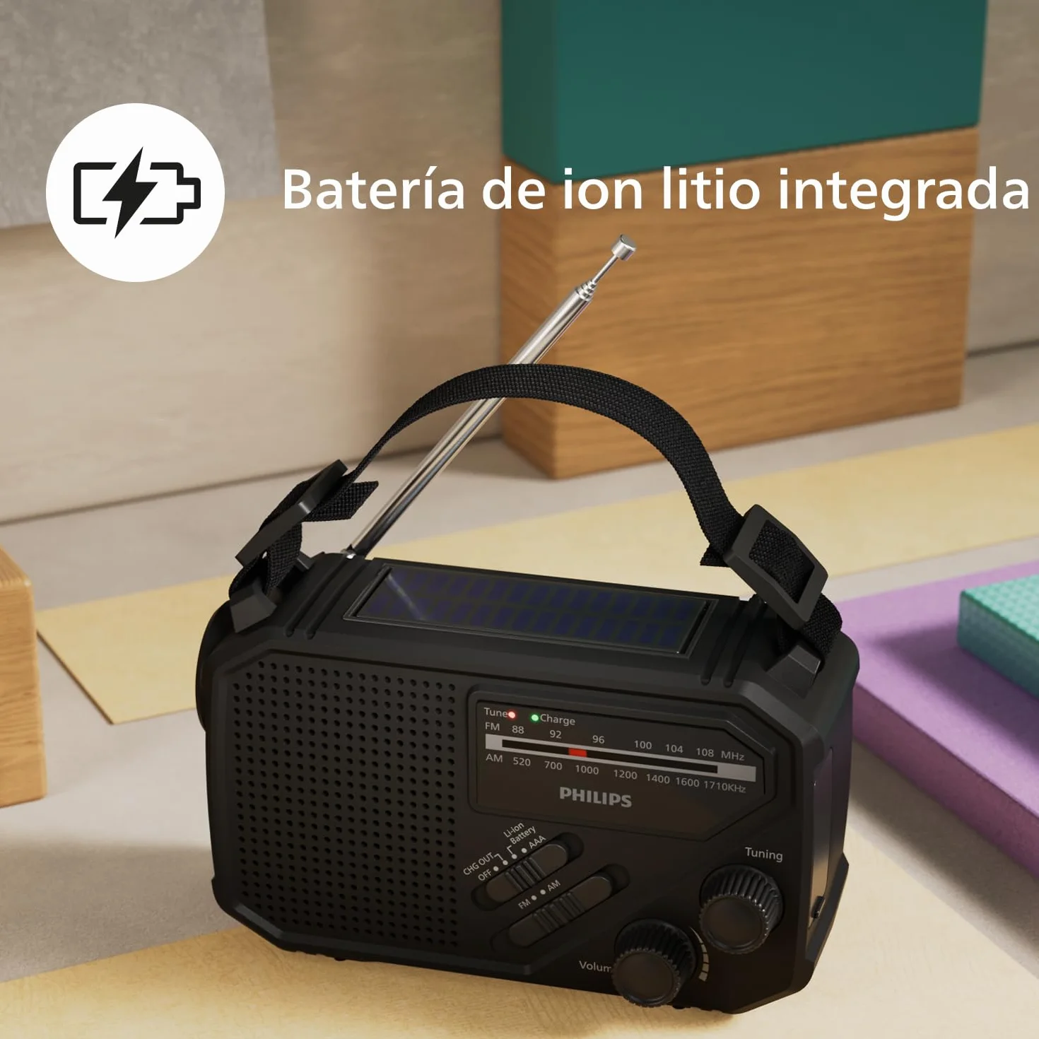 Philips TAR1609: radio portátil FM/AM con batería interna recargable, pilas AAA y manivela de soporte, energía solar, luz LED y linterna integrada para camping, senderismo o SI HAY cortes de corriente