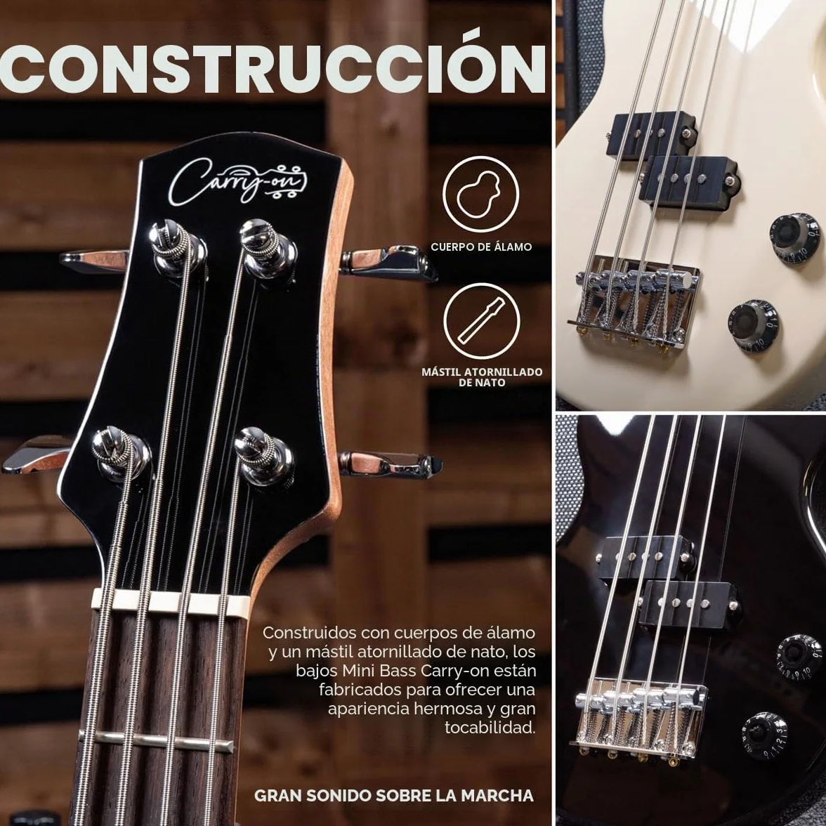 Carry-on By Blackstar Mini Guitarra Bajo Electrico Vintage White Perfecta para Niños y Adultos, Principiantes y Viajes