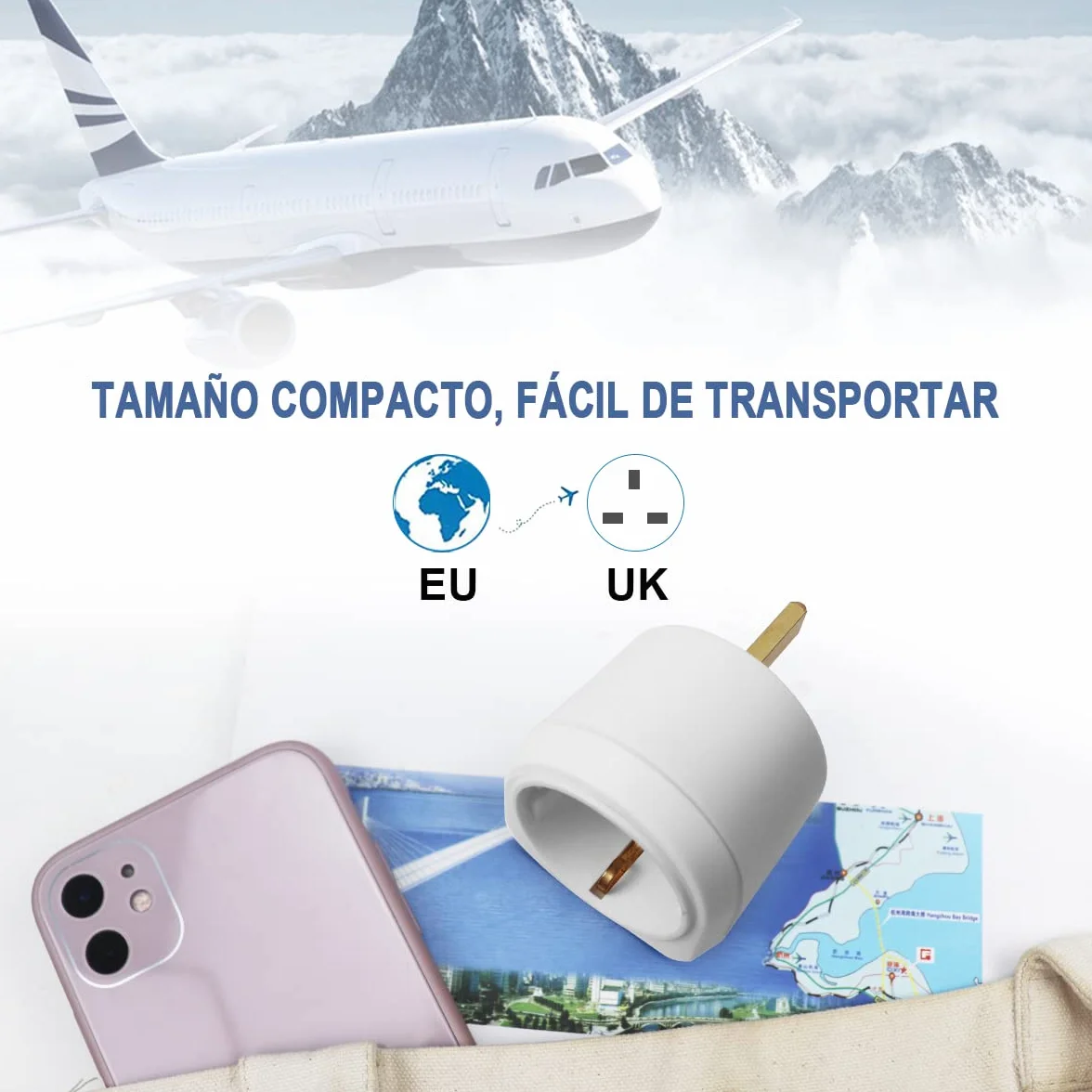 EXTRASTAR Adaptador Enchufe Ingles a Español, Adaptador de Viaje 2-Pin Europa a 3-Pin Reino Unido, 250V, 13A, 3120W, Blanco, 2Pcs