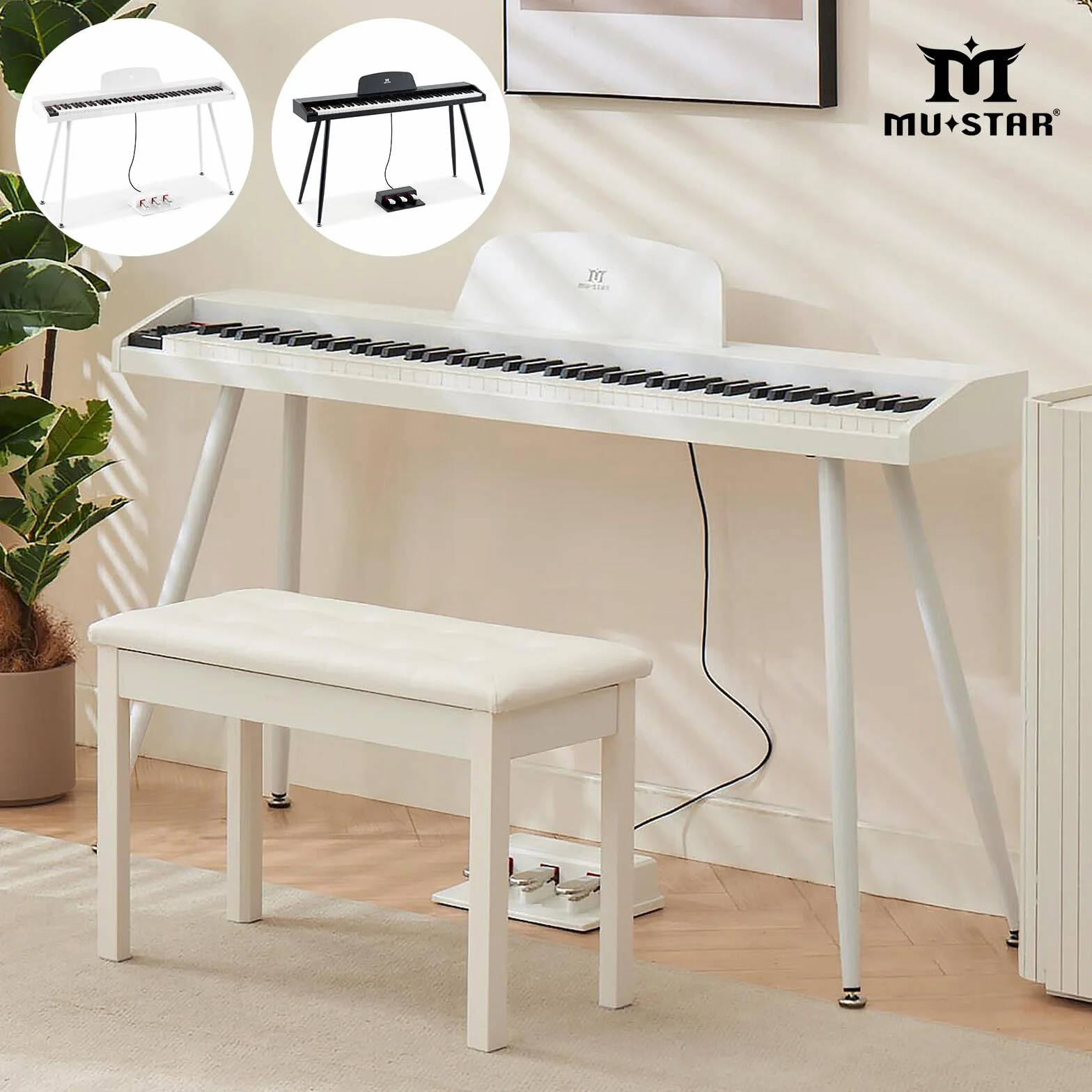 MUSTAR Piano digital de 88 teclas para principiantes, tamaño completo con 3 pedales, piano electrónico portátil, piano digital doméstico con USB MIDI y soporte, color blanco