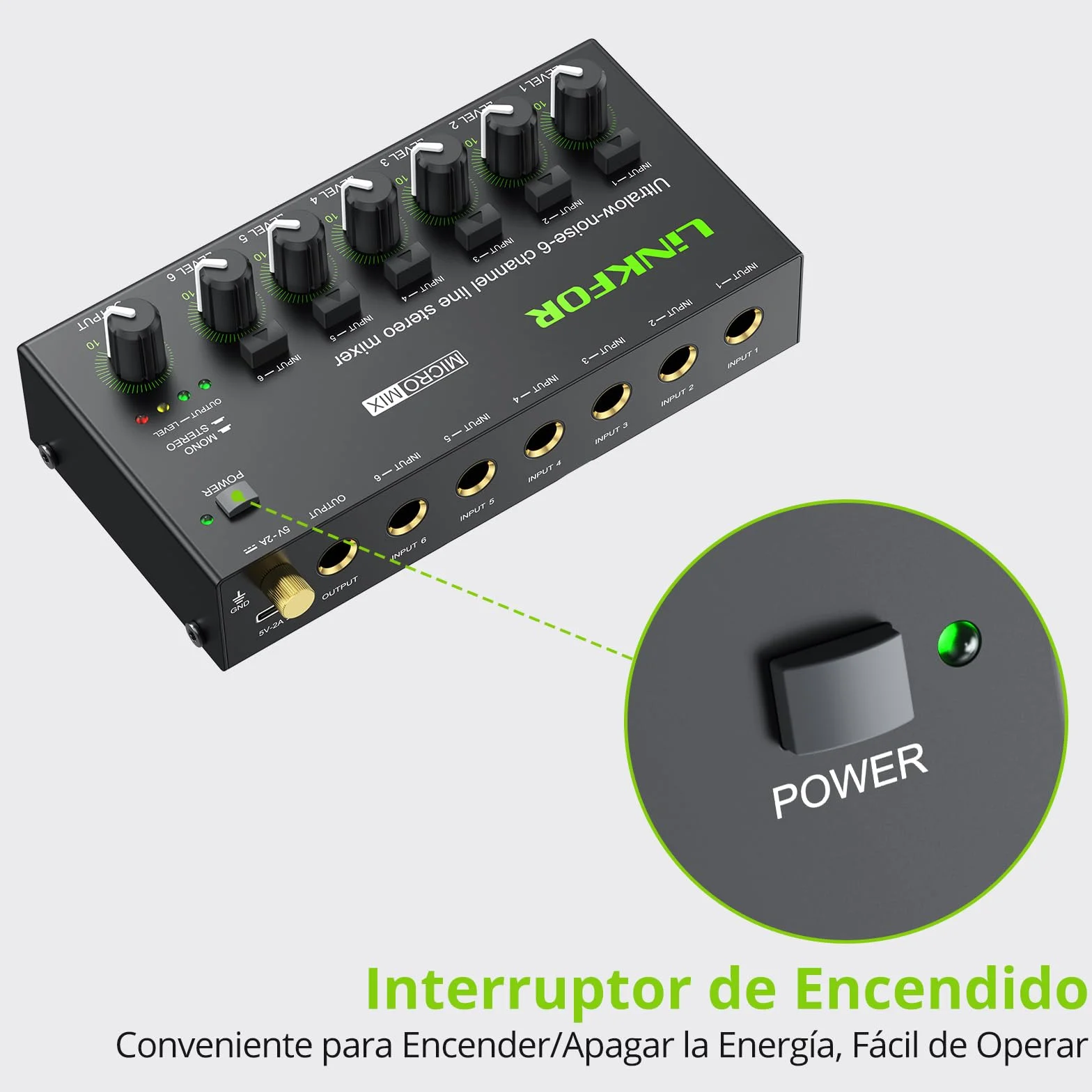 LiNKFOR Mini Mezclador de Audio Estéreo de 6 Canales Compacto Mezclador de Audio Control de Volumen Independiente Mini Mixer de Audio DC 5V USB-C con 6.35mm Cable de Audio para Micrófonos, Altavoces