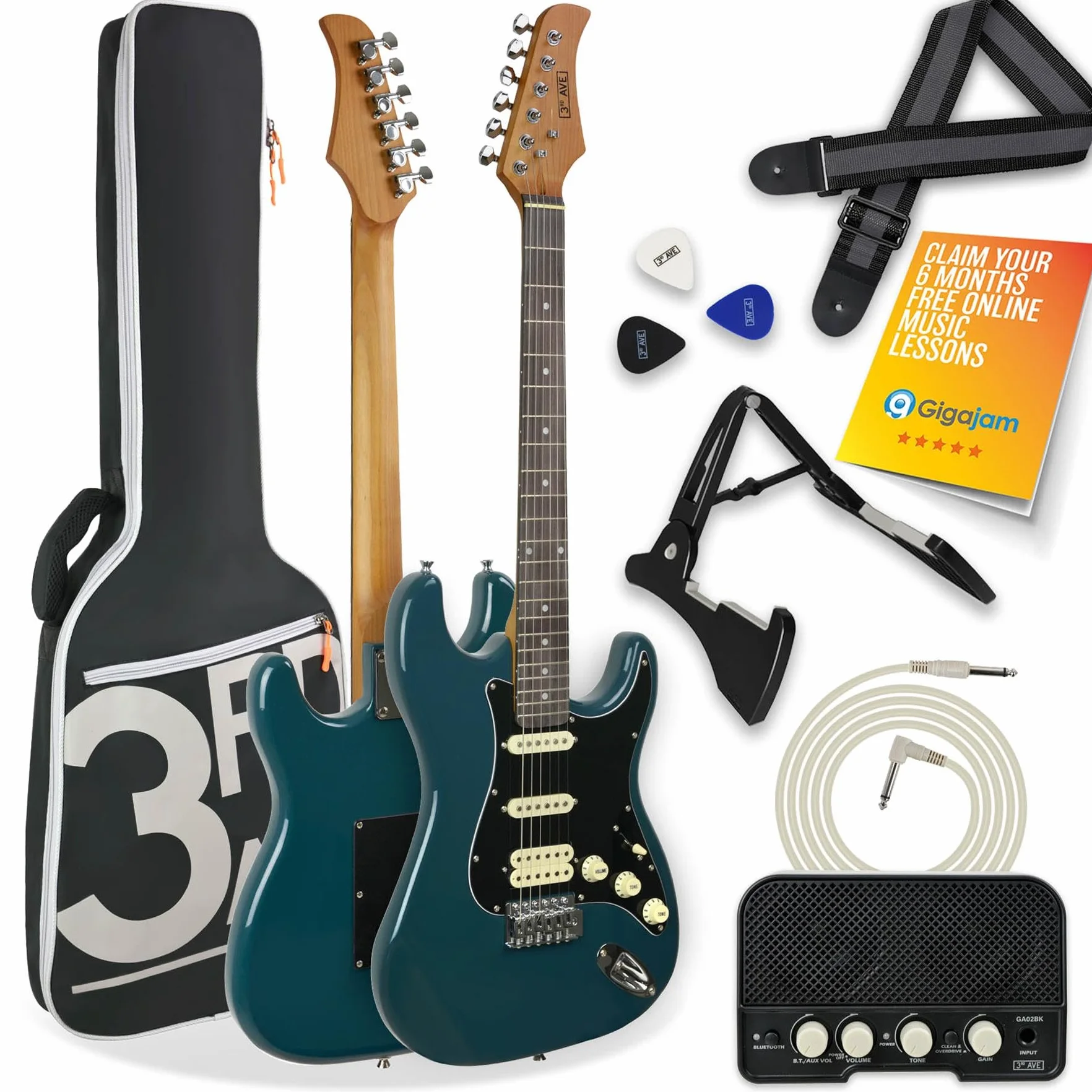 3rd Avenue Stateside Kit definitivo de guitarra eléctrica 4/4 de tamaño completo de con amplificador de 5 W, cable, soporte, funda acolchada, correa, púas, LECCIONES GRATUITAS - Delta Blue