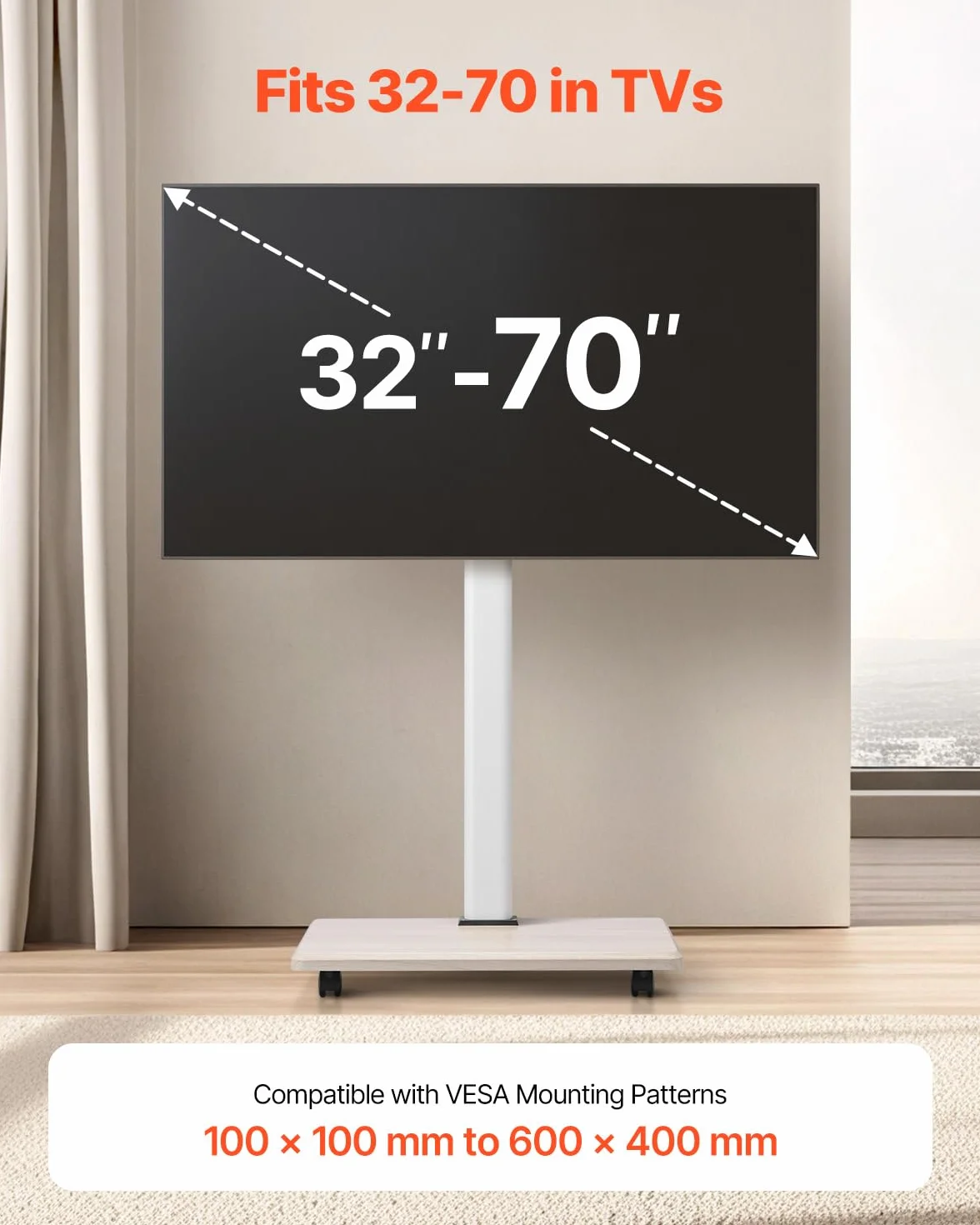 VEVOR Soporte de TV con Ruedas para Televisores 812,8-1778 mm 45 kg, Rotación 25° Izquierda Derecha, Altura Ajustable, Estante