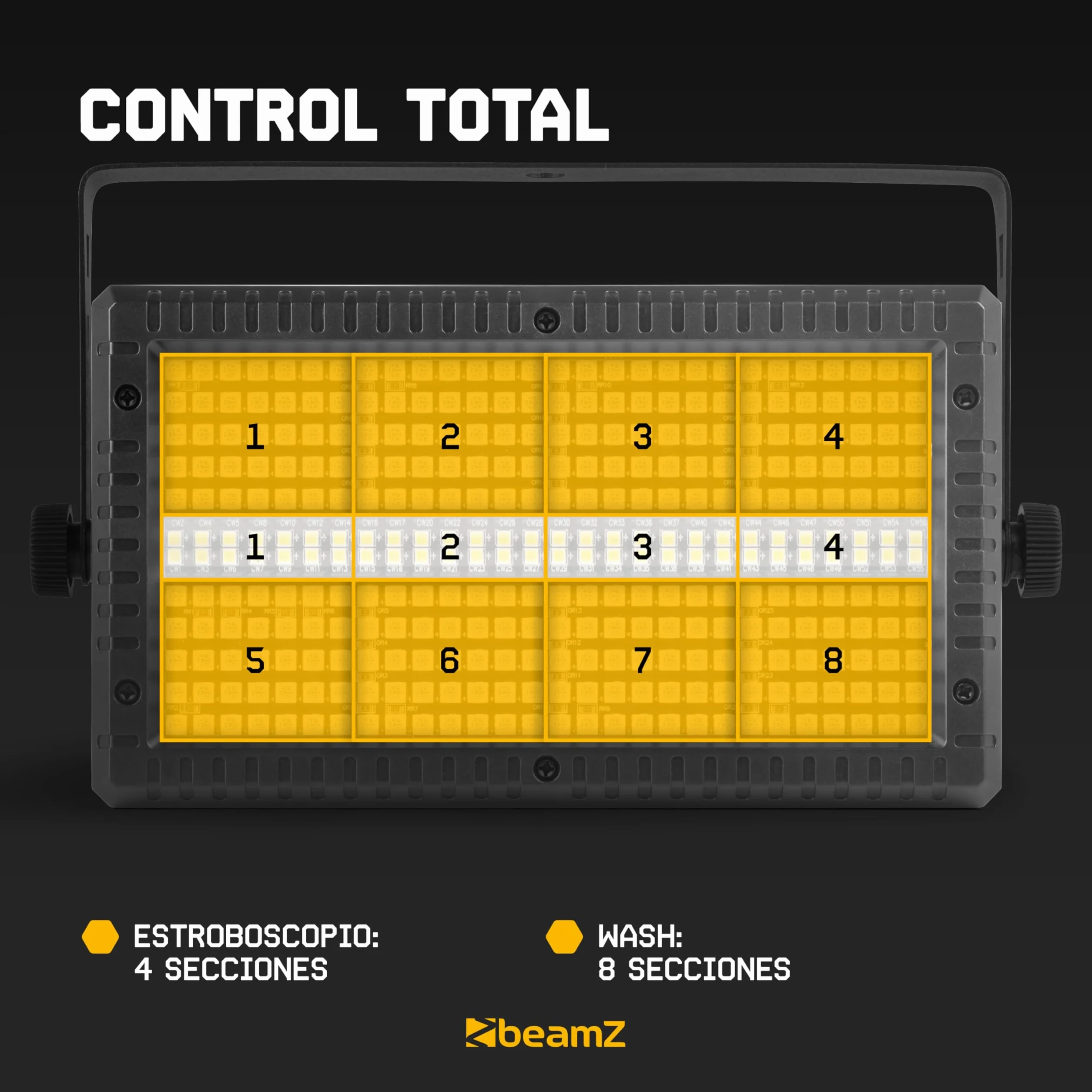 BeamZ BS336 - Combo de Luz Estroboscópica y cegadora LED RGB+Blanco, 336 LEDs RGB + 56 Blancos, DMX512 4/6/12/24/30 Canales, Modo Autónomo, Maestro/Esclavo, Automático, Mando a Distancia