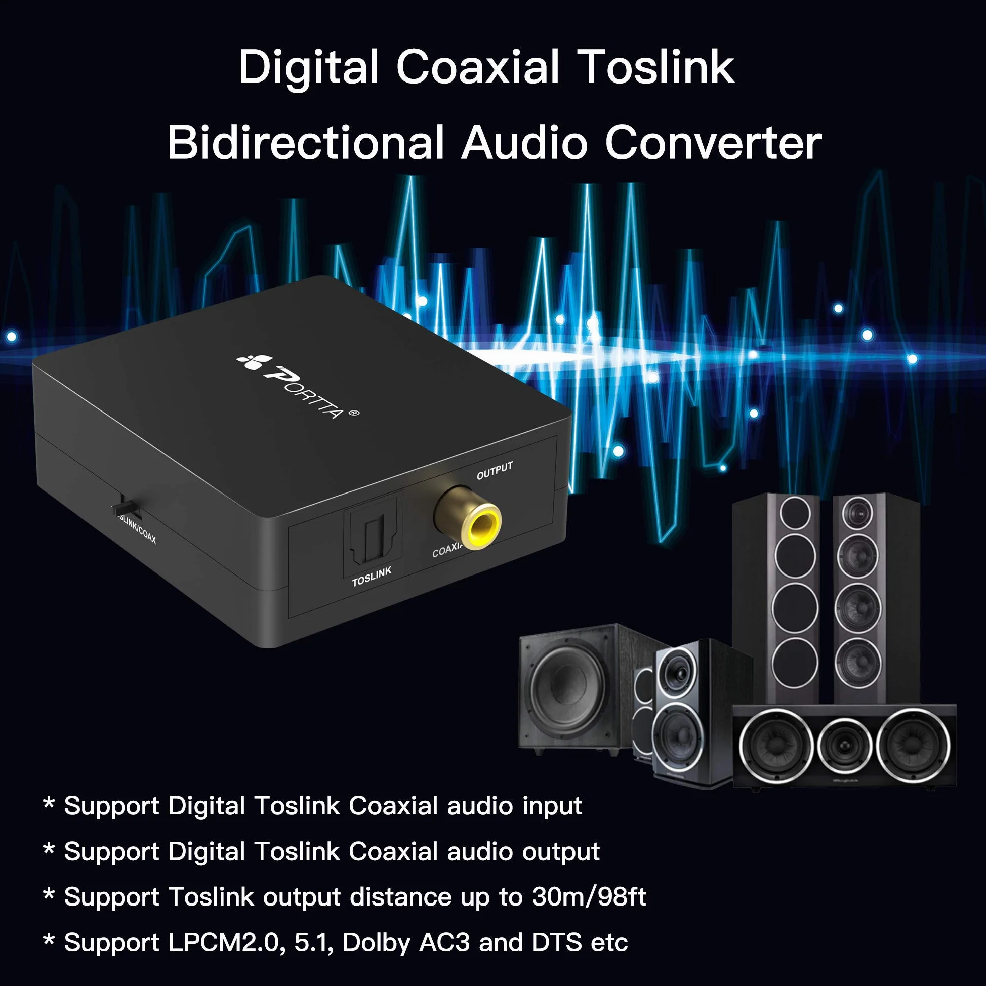 Portta Optical TOSLINK a Coaxial O Coaxial SPDIF a Toslink Convertidor de Audio Digital Bidireccional 2 vías SPDIF