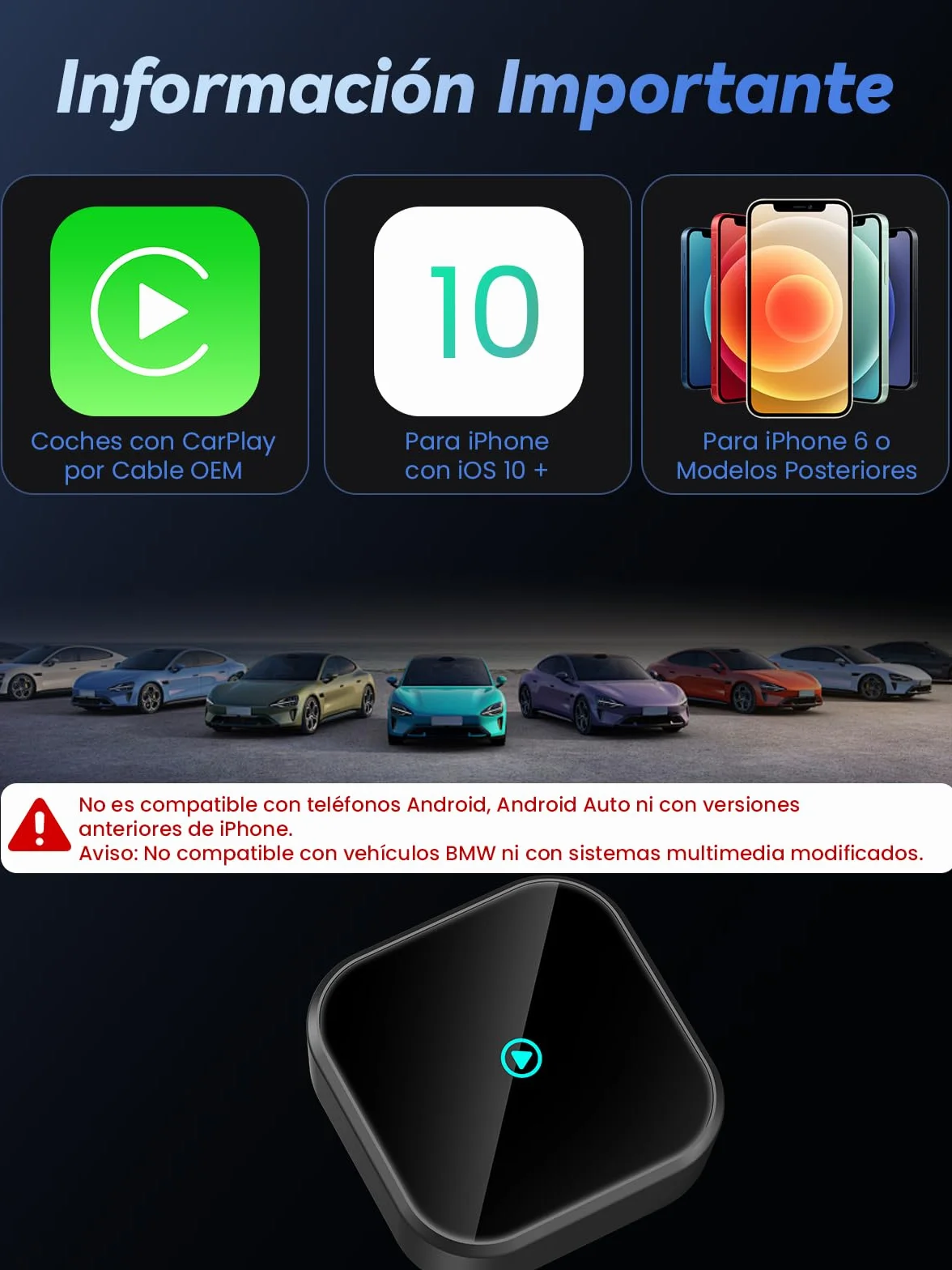 H3 Adaptador CarPlay Inalámbrico para iPhone - Convertidor de Cableado a Inalámbrico, Plug and Play USB-A/Type-C, Compatible con Coches Desde 2016 e iOS 10+