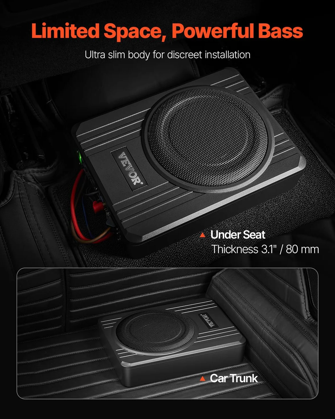 VEVOR Subwoofer para Debajo del Asiento para Automóvil 203 mm 400 W Altavoz Compacto para Coche Amplificador Incorporado Entrada Bajo Controlador de Volumen Control Remoto con Cable