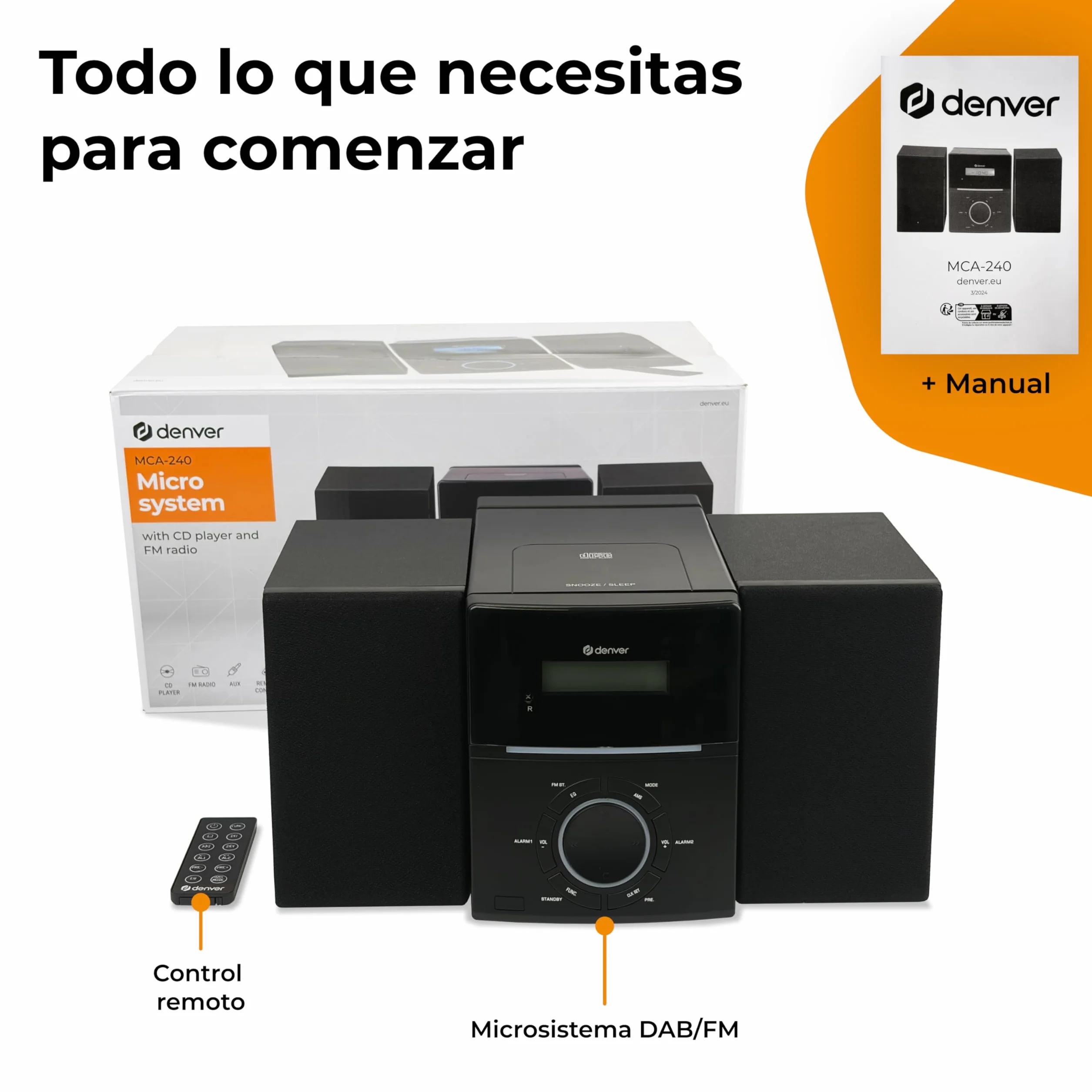 Denver MCA-240 Microcadena con CD y Radio FM, 30 presintonías, AUX, Auriculares, Mando a Distancia, Doble Alarma, 2 x 2 W RMS