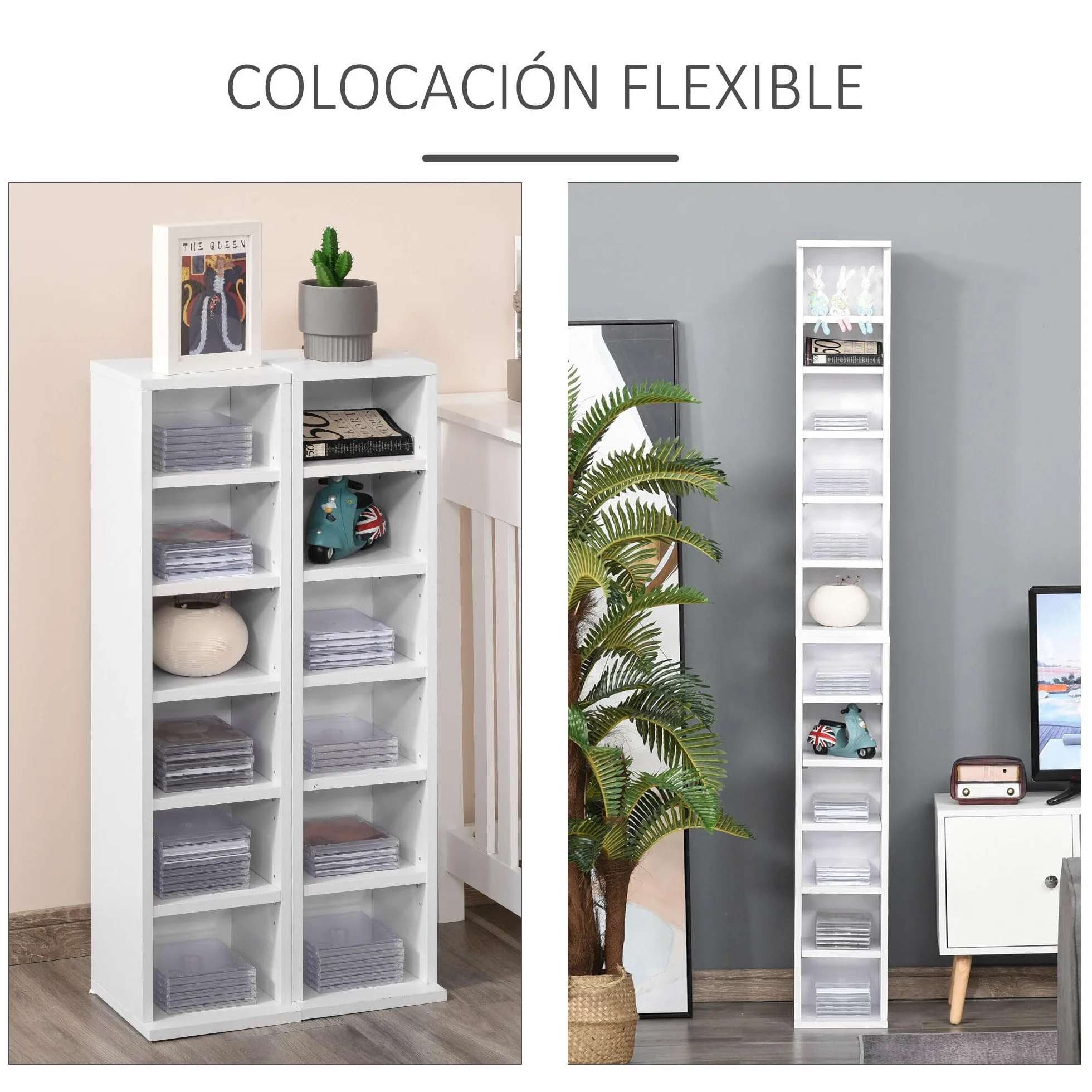 HOMCOM Set de 2 Estanterías para CDs y DVDs, Soportes para CD Estrechos con 12 Compartimentos, Estantes Ajustables, Estanterías para Salón, Oficina, 21x22,5x88,5 cm, Blanco
