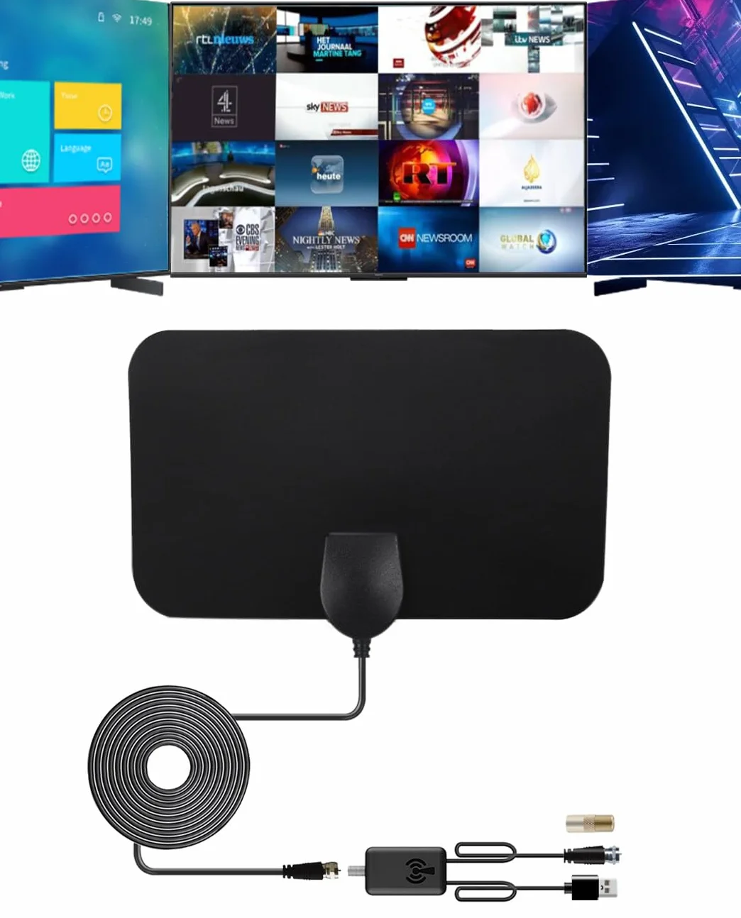 Vecys HDTV Antena Digital HD DVB-T2 Interior Montada en Pared Mini Smart TV 80 Millas RG174 Cable Coaxial 3m 1080p