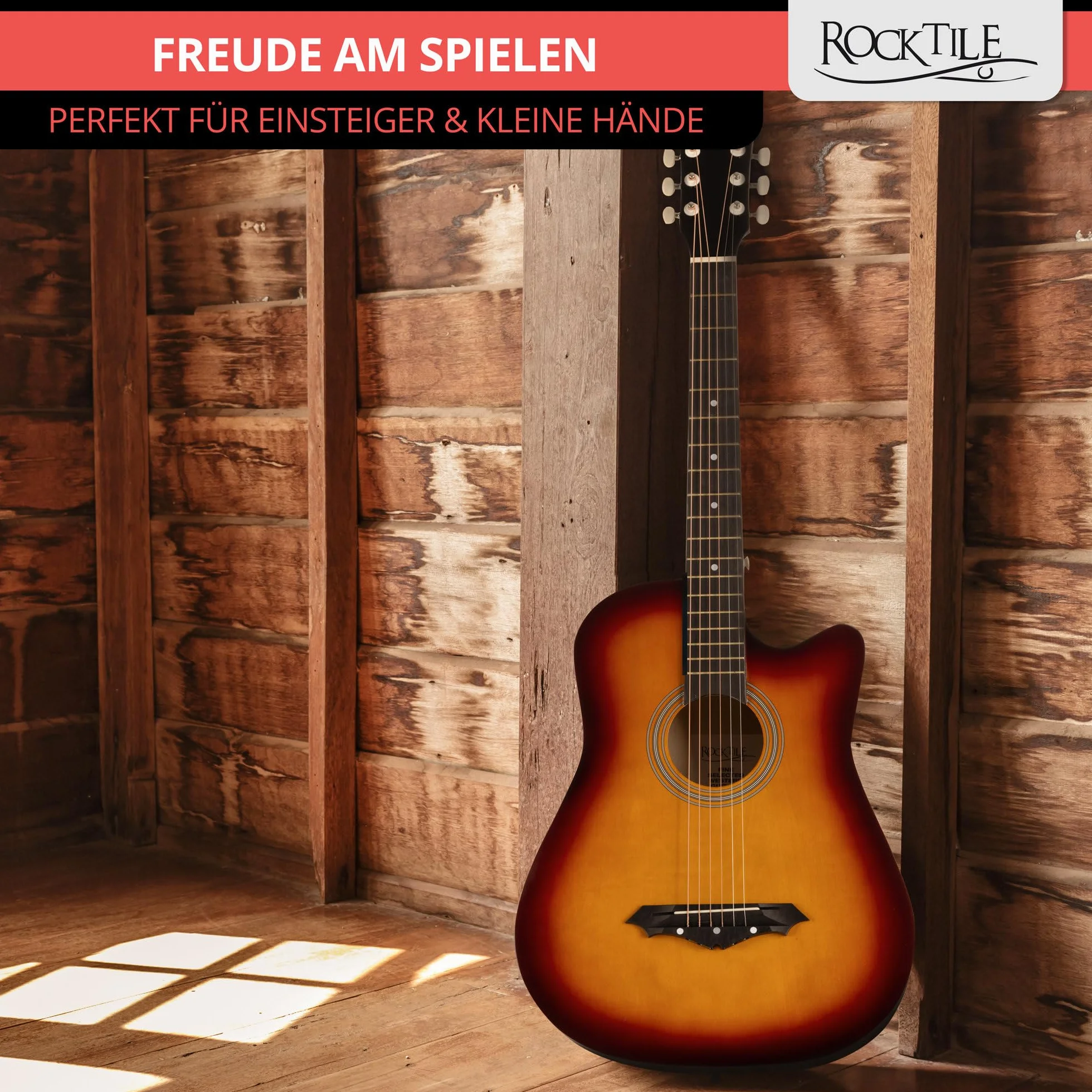 Rocktile WSD-5C-SB Slim Line Westerngitarre Set – Dreadnought Akustikgitarre mit Linde-Korpus, Catalpa-Hals, inkl. Tasche, Ersatzsaiten, Gurt & Plektren – Sunburst.