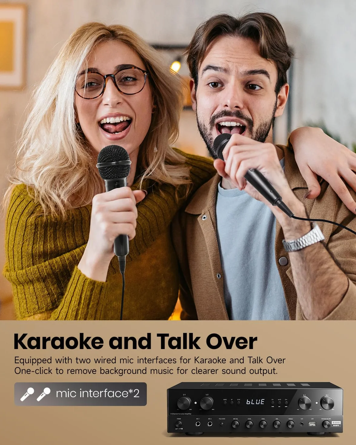 Donner Amplificador de Audio, Amplificador Premium de 4 Canales con Potencia Máxima de 1000 W con Bluetooth 5.0, USB, FM, 2 Entradas de Micrófono, RCA, Entrada de Fibra/Coaxial para el Hogar, Karaoke