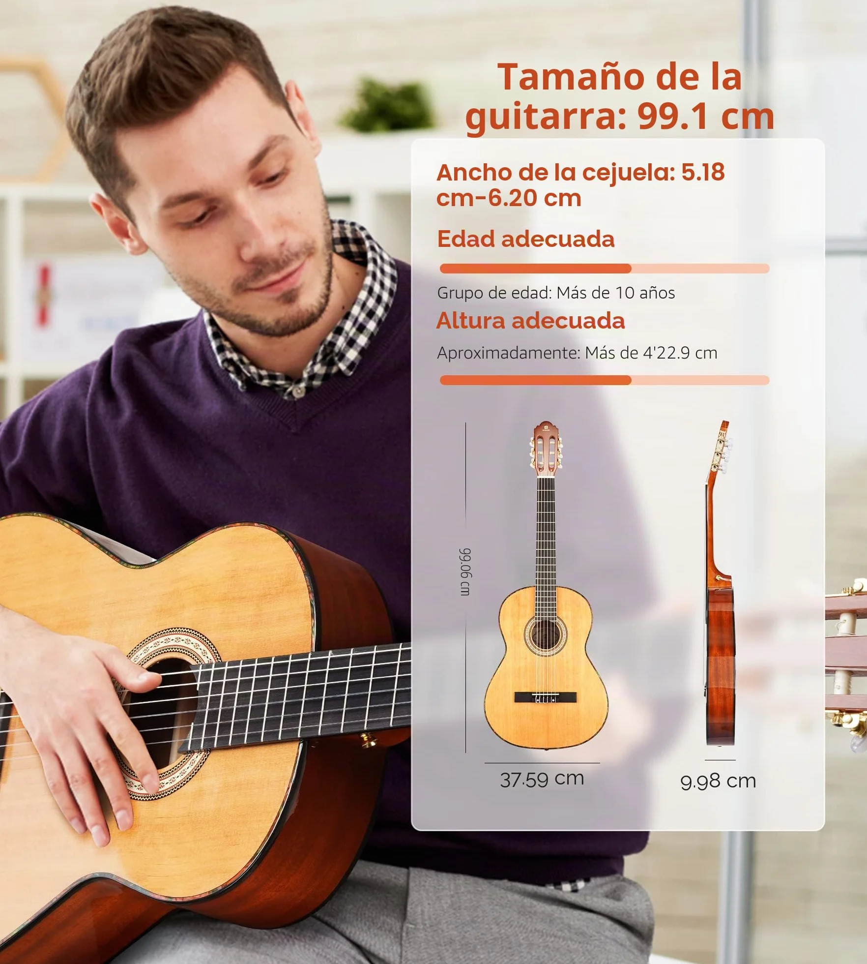 Vangoa Guitarra Clásica Española 4/4 Starter Set, Acústica De Sapeli Y Pino Rojo, Cuerdas De Nylon, Con Estuche, Pedal Y Afinador