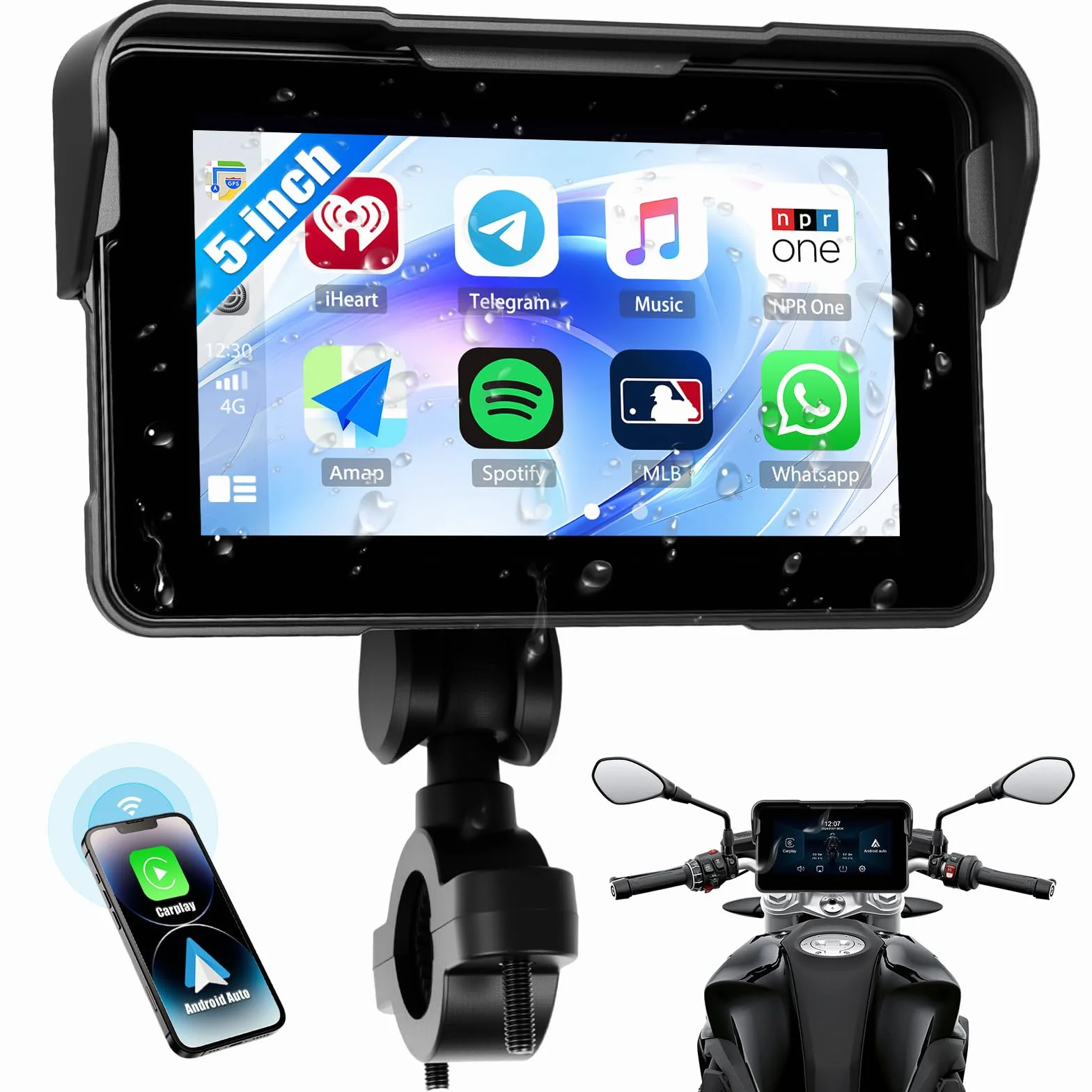 CAMECHO Moto Carplay Pantalla 5 Pulgadas Wireless Carplay Android Auto IP68 Navegación a Prueba de Agua