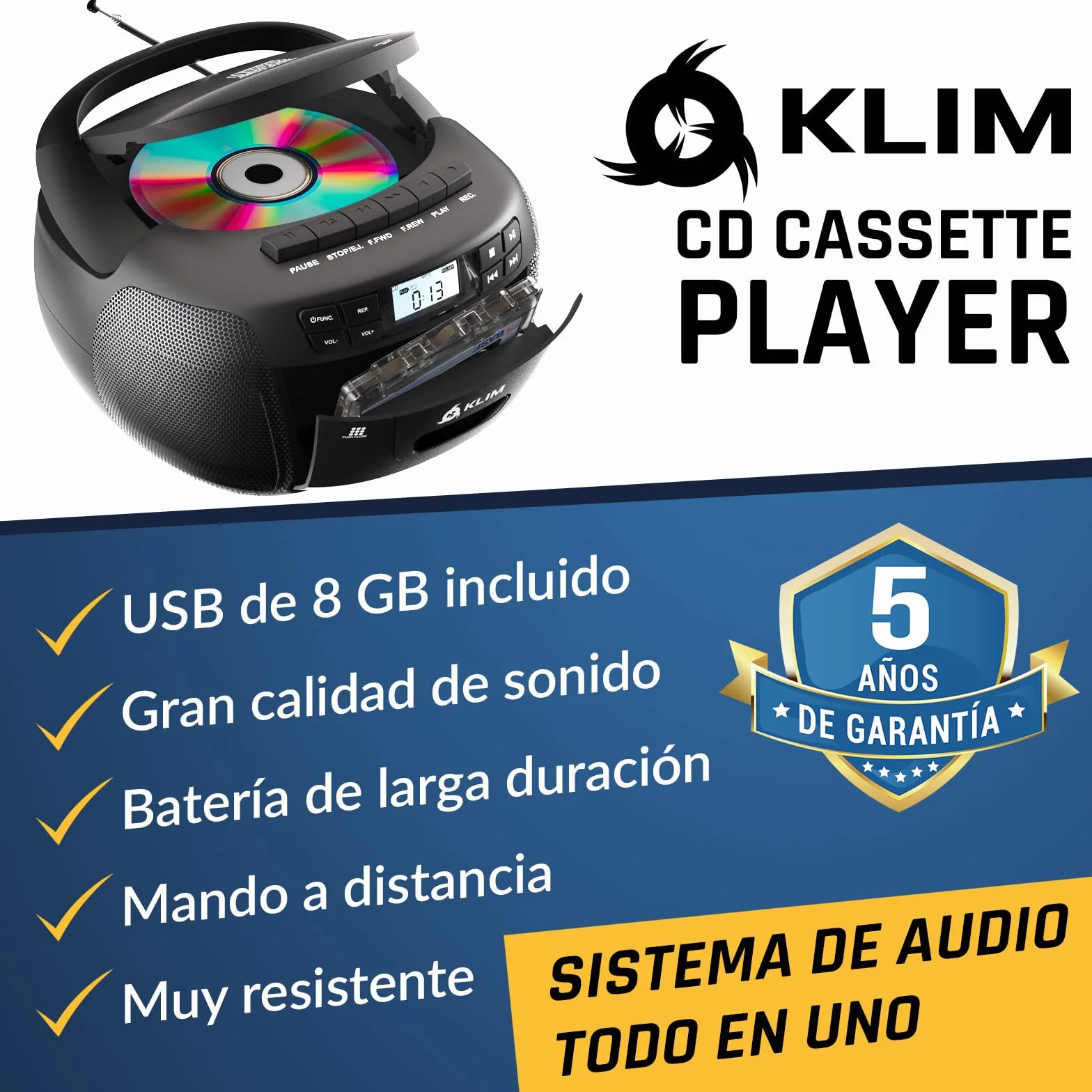 KLIM Reproductor CD Cassette Radio AM/FM Bluetooth Control Remoto AUX Grabación Cinta Estéreo