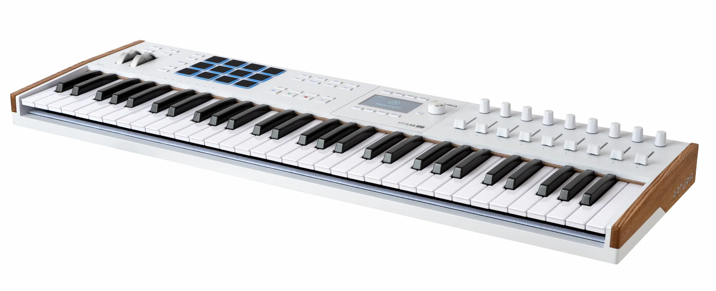 Arturia KeyLab 61 MK3 White, teclado c/controlador MIDI producción, paq. software todo-en-1-61 teclas, 9 codificadores, 9 faders, 1 rueda modulación, 1 rueda inflex. tono, 12 almohadillas - Blanco