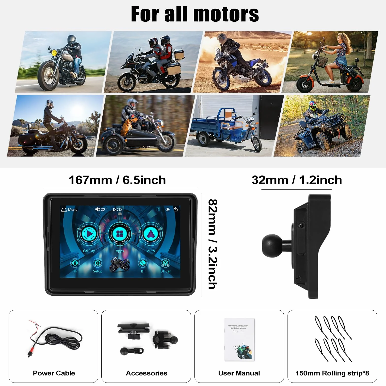 CAMECHO Carplay Moto Navi Display 5 Pulgadas HD Pantalla Táctil Impermeable Motocicleta Navegación Wireless Android Auto Bluetooth GPS