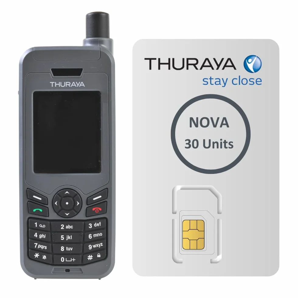 Teléfono satelital Thuraya XT-Lite + SIM Prepagada Nova con 30 Unidades | Validez de 365 días | Cobertura de Voz y SMS para comunicaciones remotas y de Emergencia
