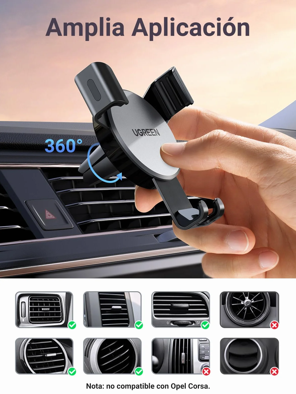 UGREEN Soporte Móvil Coche por Gravedad, Soporte para Ventilación, Car Phone Holder Universal, iPhone 17/17 Air/17 Pro/17 Pro Max/16/15, Galaxy S25/S25 Ultra/S25+, Gris
