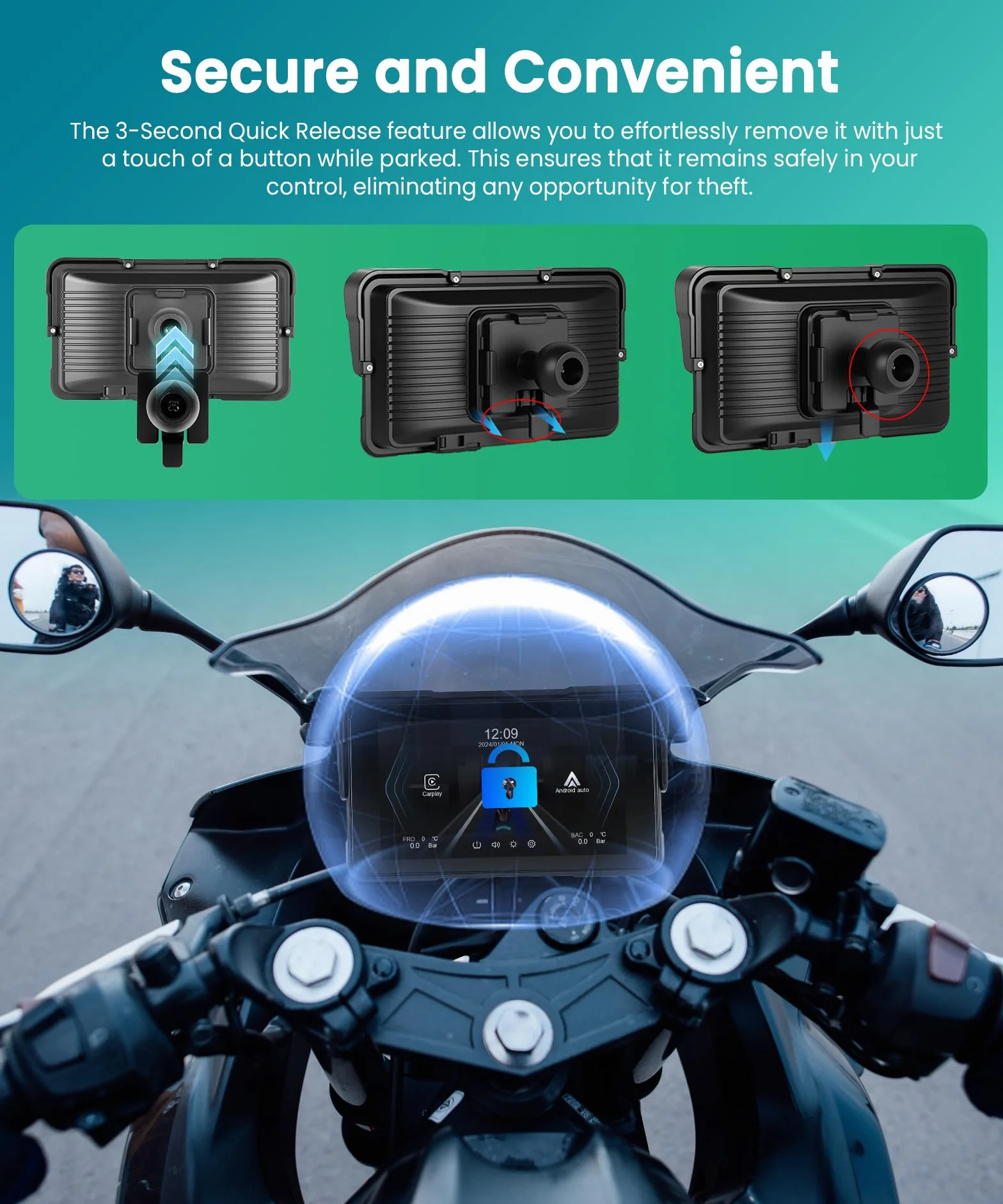 Navegación GPS Moto CarPlay y Android Auto Inalámbrico, Pantalla Táctil HD 5 Pulgadas IP68, Bluetooth