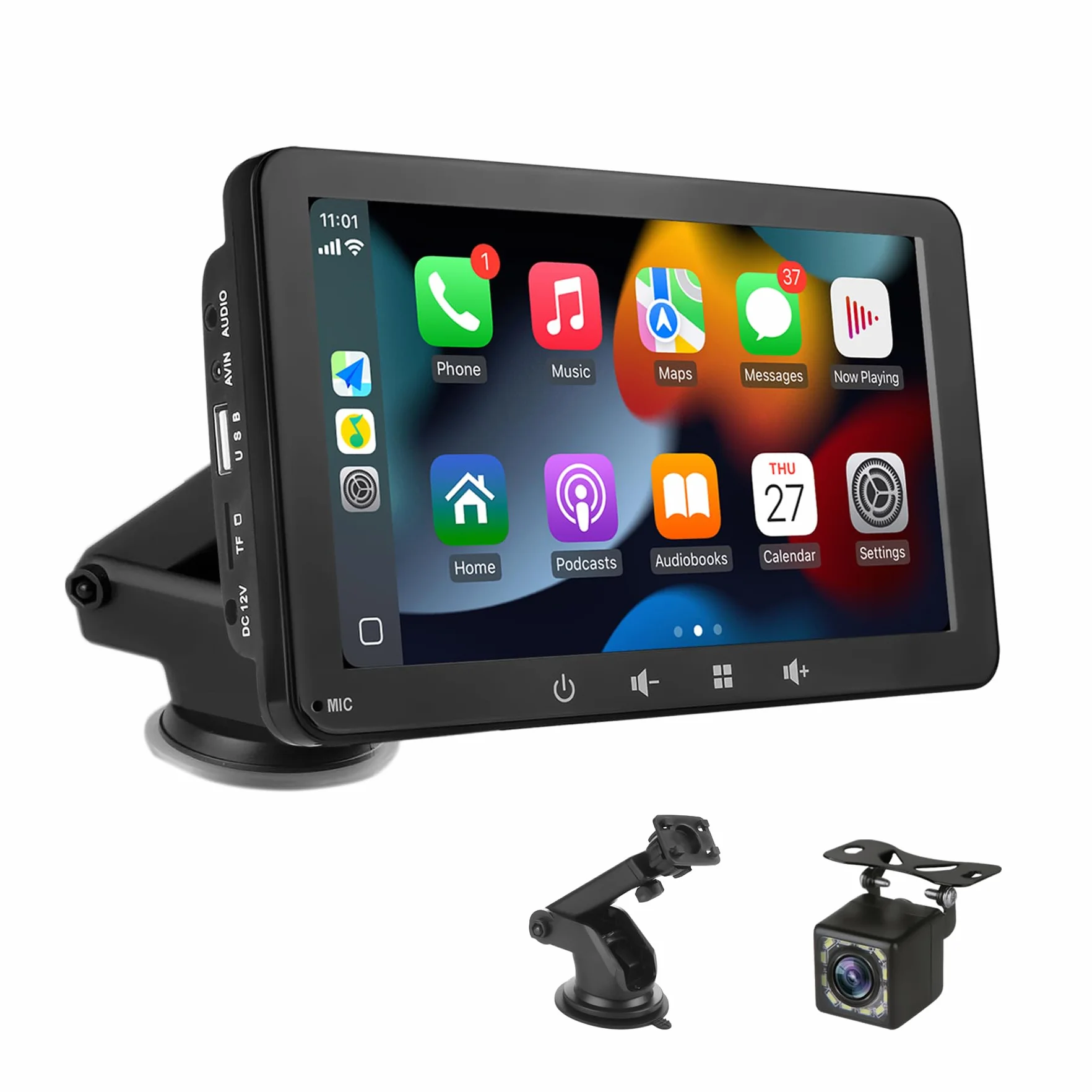 Pantalla Coche 7" con Carplay y Android Auto Inalámbrico - Radio Portatil con Pantalla Tactil | FM Transmisor, AUX, USB | Cámara Trasera | Plug & Play para la Mayoría de Coches (7 Pulgadas + cámara)