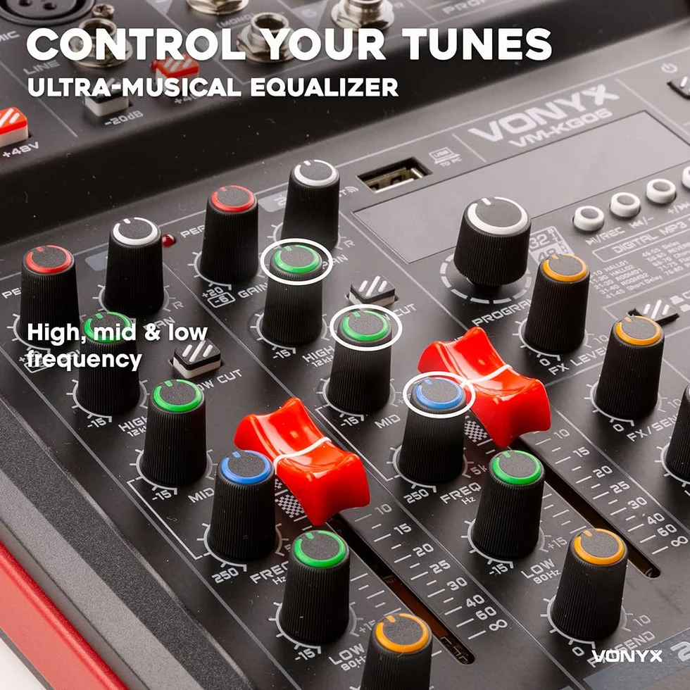 Vonyx VM-KG06 Mezclador analógico de audio de 6 canales con Bluetooth para grupos de música, 2 entradas XLR de micrófono con +48v, 2 entradas de linea con jack, Procesados de efectos DSP, USB/MP3