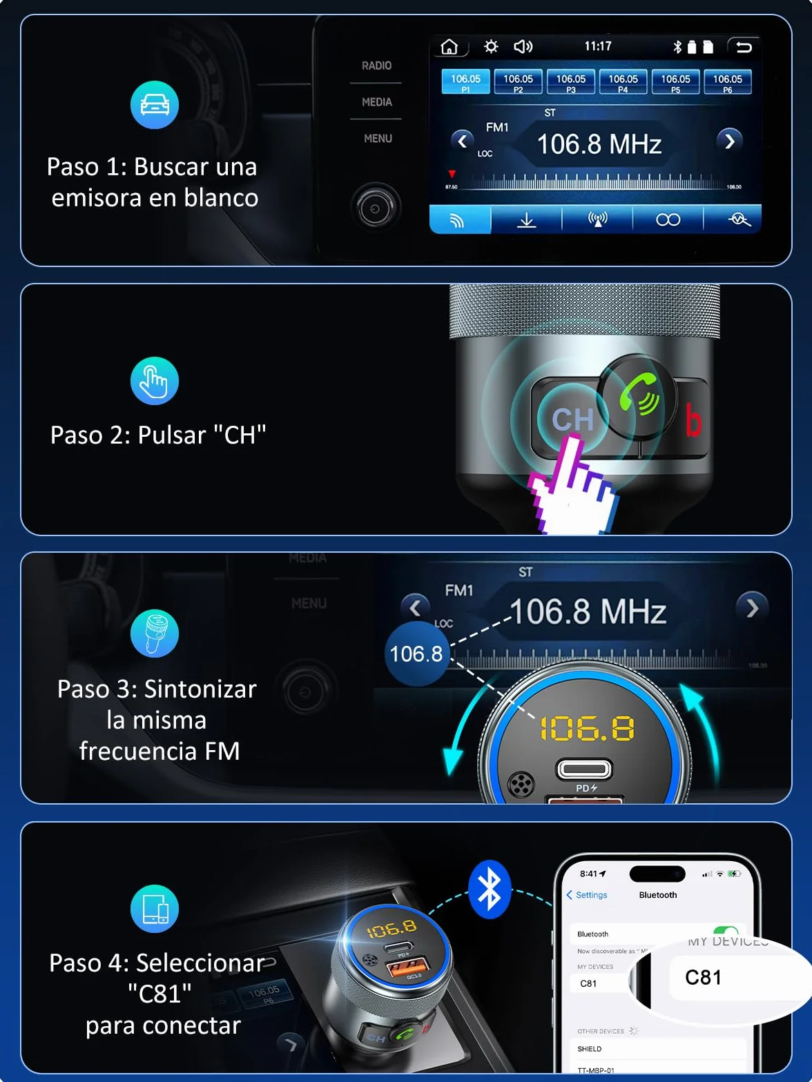 LENCENT Transmisor FM Bluetooth 5.1 Manos Libres Coche Adaptador Radio con Carga Rápida PD 20W QC3.0 18W