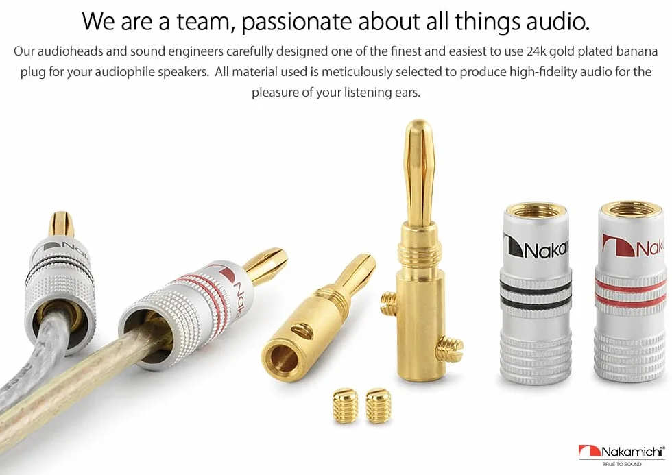 Nakamichi Enchufe de banana chapado en oro 24K 12-18 AWG 4 mm para Altavoces Amplificador Hi-Fi, 4 piezas (2 pares)