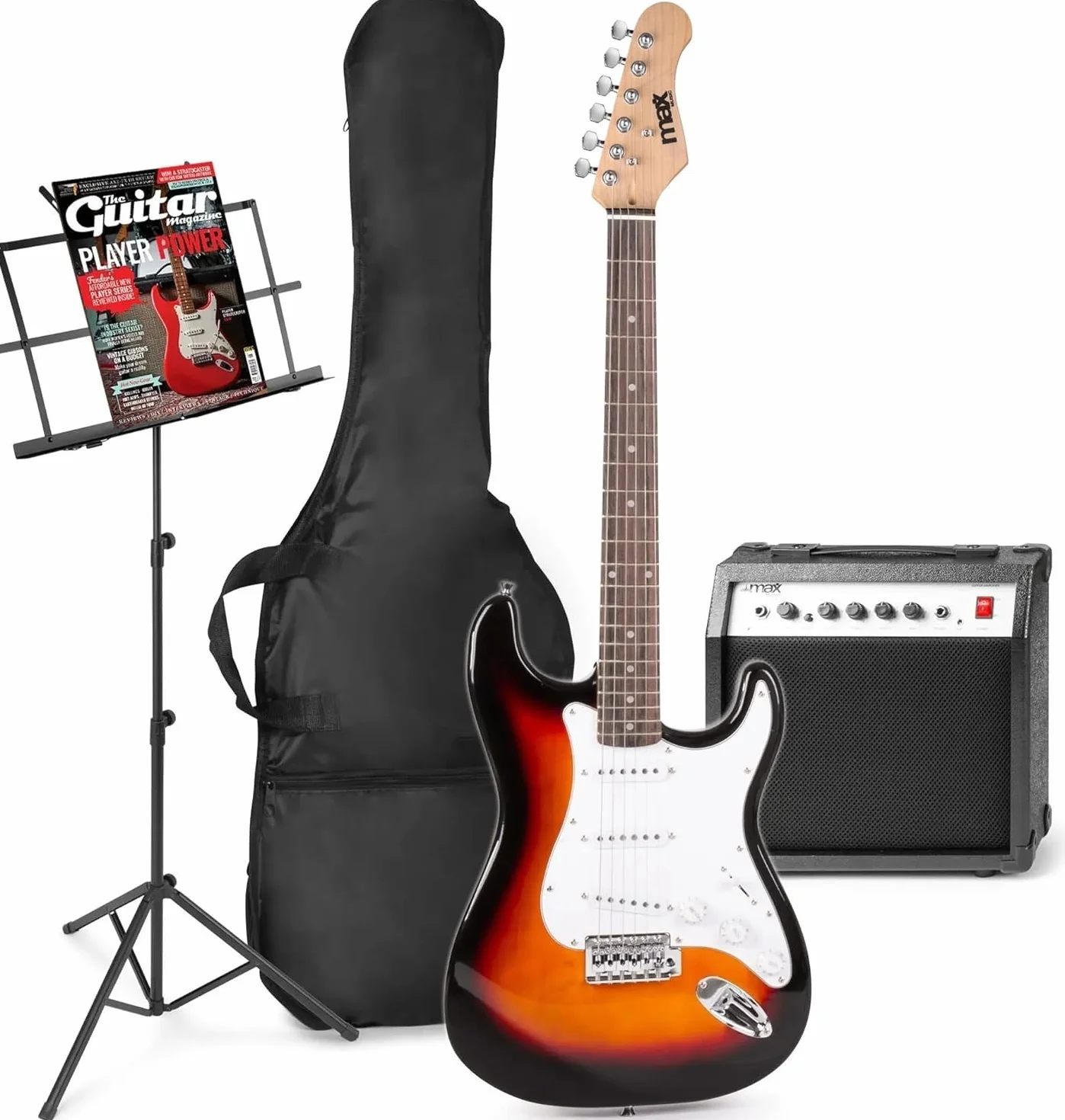 MAX GigKit – Pack guitarra eléctrica – Amplificador 40 W, altavoz 10'' con overdrive, entrada AUX MP3, atril, funda, afinador, cable de instrumento, correa, púas y cuerdas extra – color Sunburst