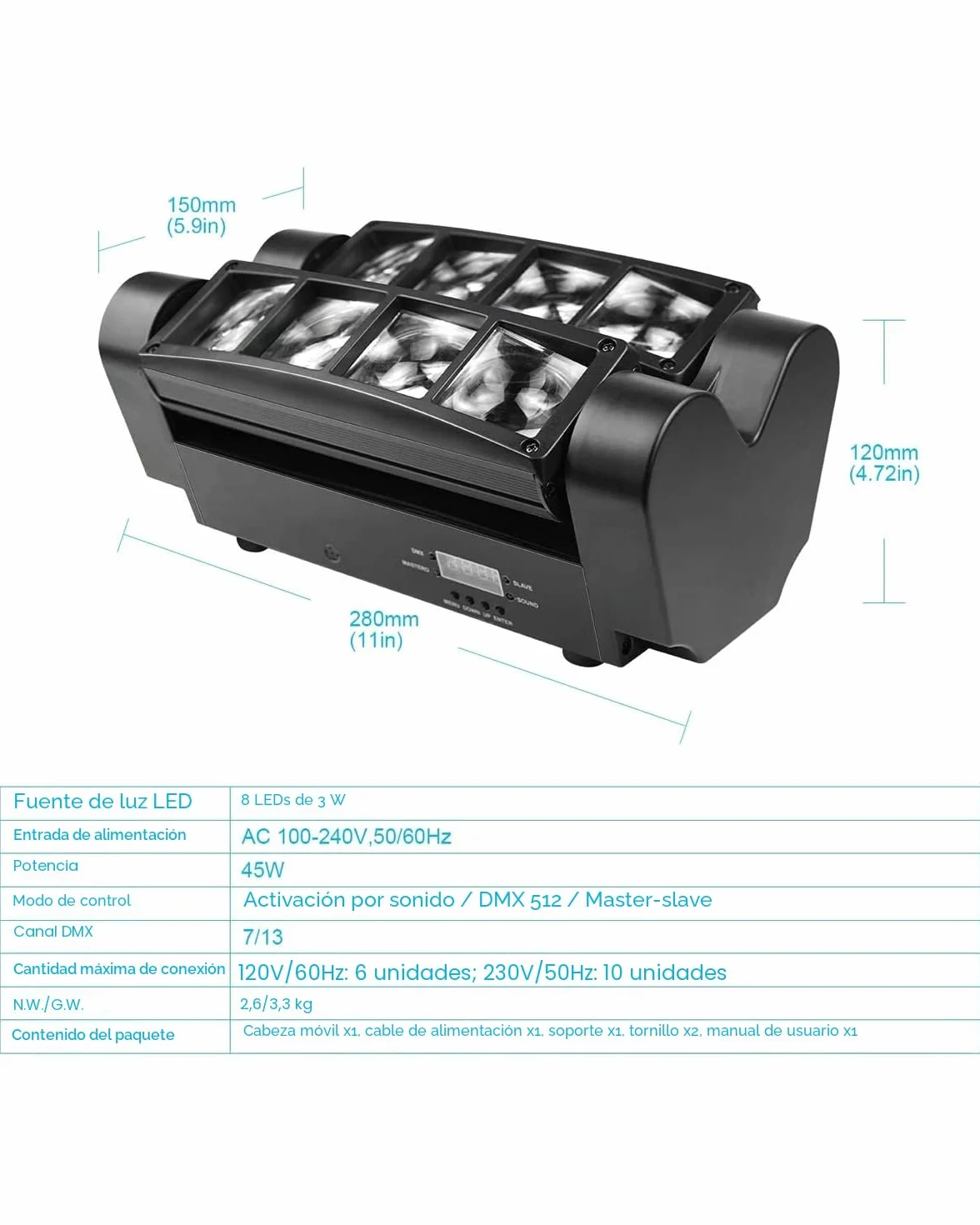 BETOPPER Cabeza Móvil LED DJ, Foco de Iluminación RGBW 8x3W, Control DMX/Auto/Sonido - Para Escenarios, Bares, Discotecas, Hogar - Efectos de Luz Estroboscópica y Spider Flash (2)