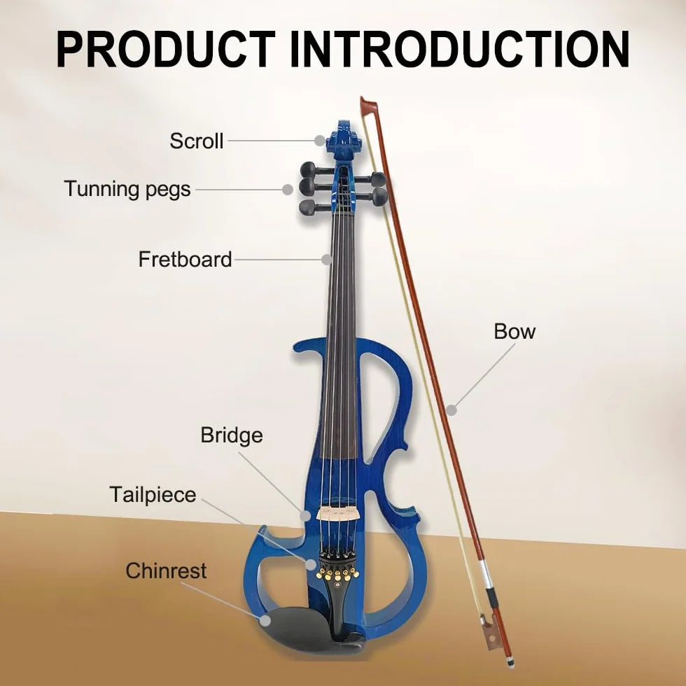 Viola eléctrica azul 4/4 juego de viola silenciosa de tamaño completo para principiantes, adultos y adolescentes, viola de madera maciza con accesorios de ébano, kit de regalo para
