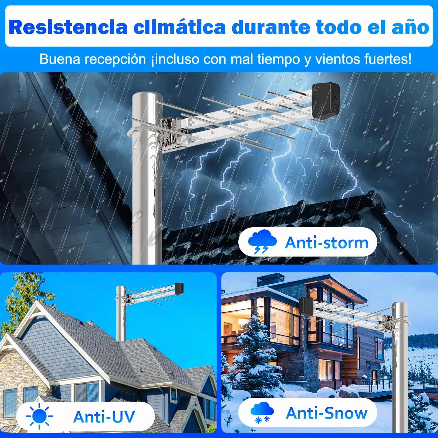 Antena TDT Exterior para Smart TV, Recepción UHF/VHF, DVB-T2/DVB-T, HD 4K/1080P, Resistente al Clima, Cable Coaxial 10m