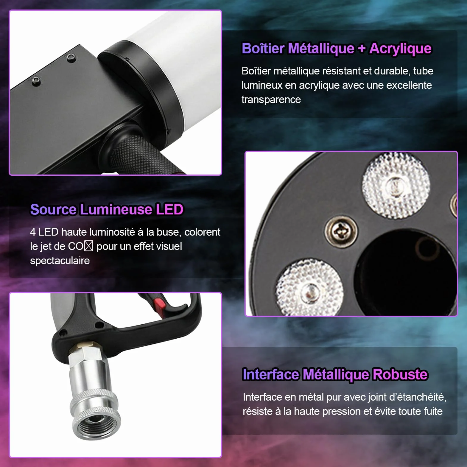 Máquina de Humo CO2 Portátil YUZINO, Pistola de Humo con 4 LED RGB y Tubo de 3 m, Alcance de 6-8 m - Ideal para Bares, DJ, Fiestas, Conciertos, Bodas, Halloween y Navidad - Material para Espectáculos