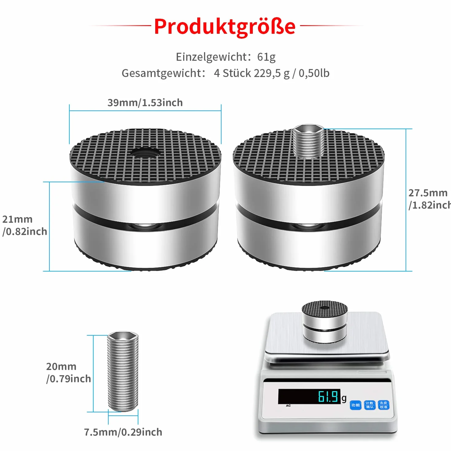 Tertullus Juego de 4 patas para altavoces de aluminio amortiguador de vibración plateado