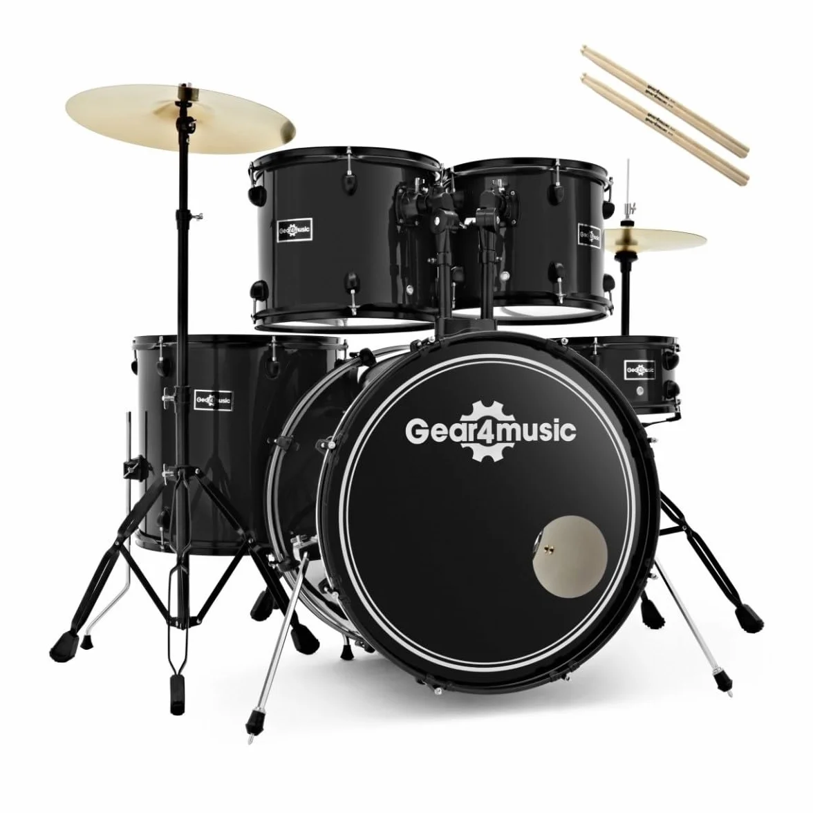Gear4music BDK-1 Kit de Batería Compacta Completa para Principiantes - Batería Acústica de 5 Piezas, Platillos, Pedal de Bombo, Sillín y Baquetas - Negro