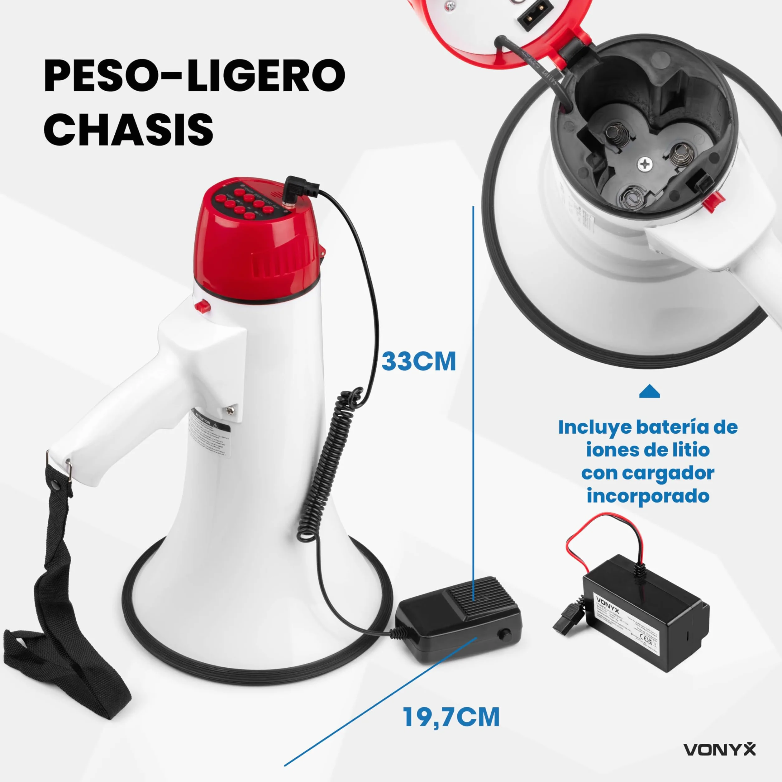 Vonyx MEG045 Megáfono Bluetooth de 45W, megáfono portátil con 1000m de Alcance, micrófono CB, Incluye función de grabación Digital, entradas USB/MicroSD/AUX, Sirena y batería Recargable