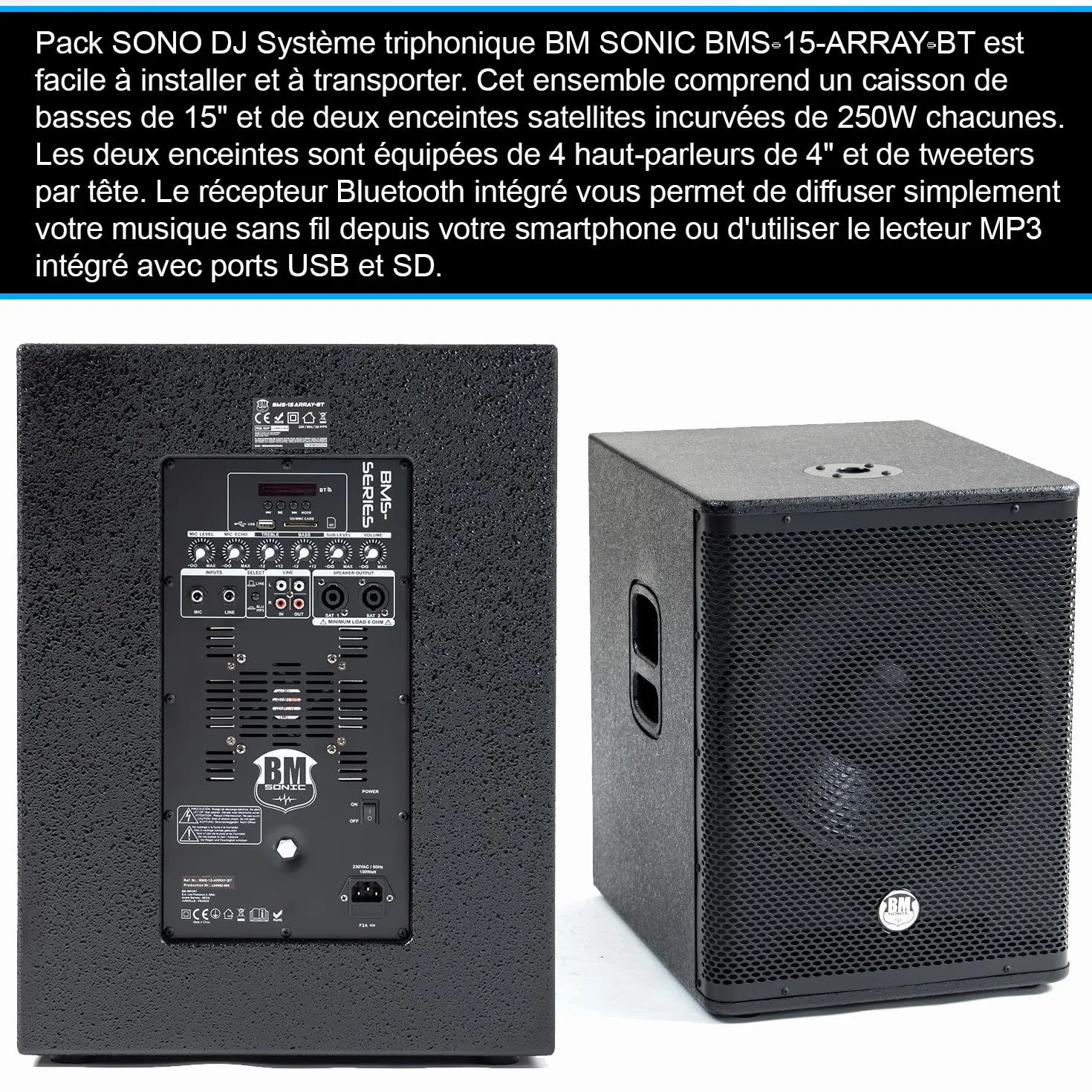 Pack de sonido DJ completo 2400 W BM Bmsonic BMS-15-ARRAY-BT, 4 altavoces satélites, cajas de 38 cm USB/Bluetooth soportes cables