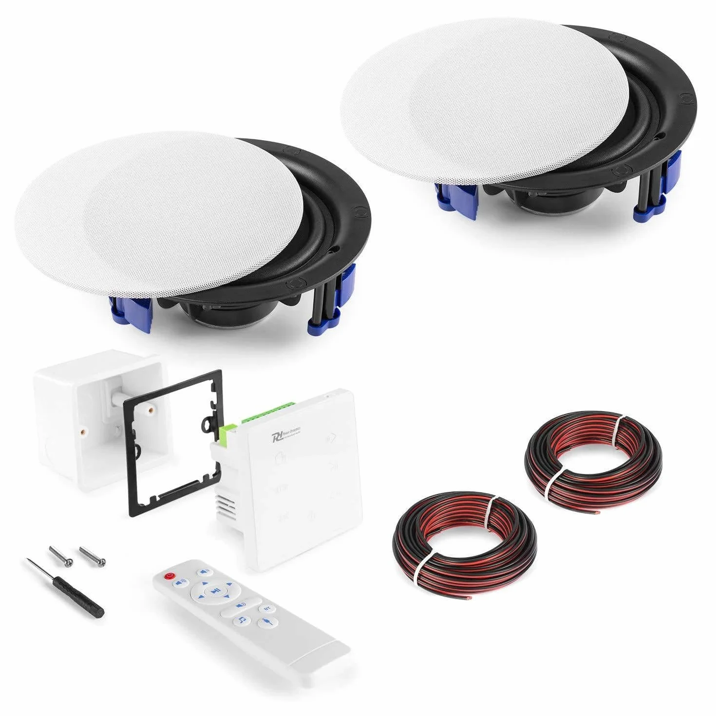 Powerline A50WSet Sistema de Sonido Empotrado con Amplificador Bluetooth 5.0, Pantalla táctil y 2 Altavoces de Techo 6,5", MP3 USB Micro SD, Mando y Caja de empotrar